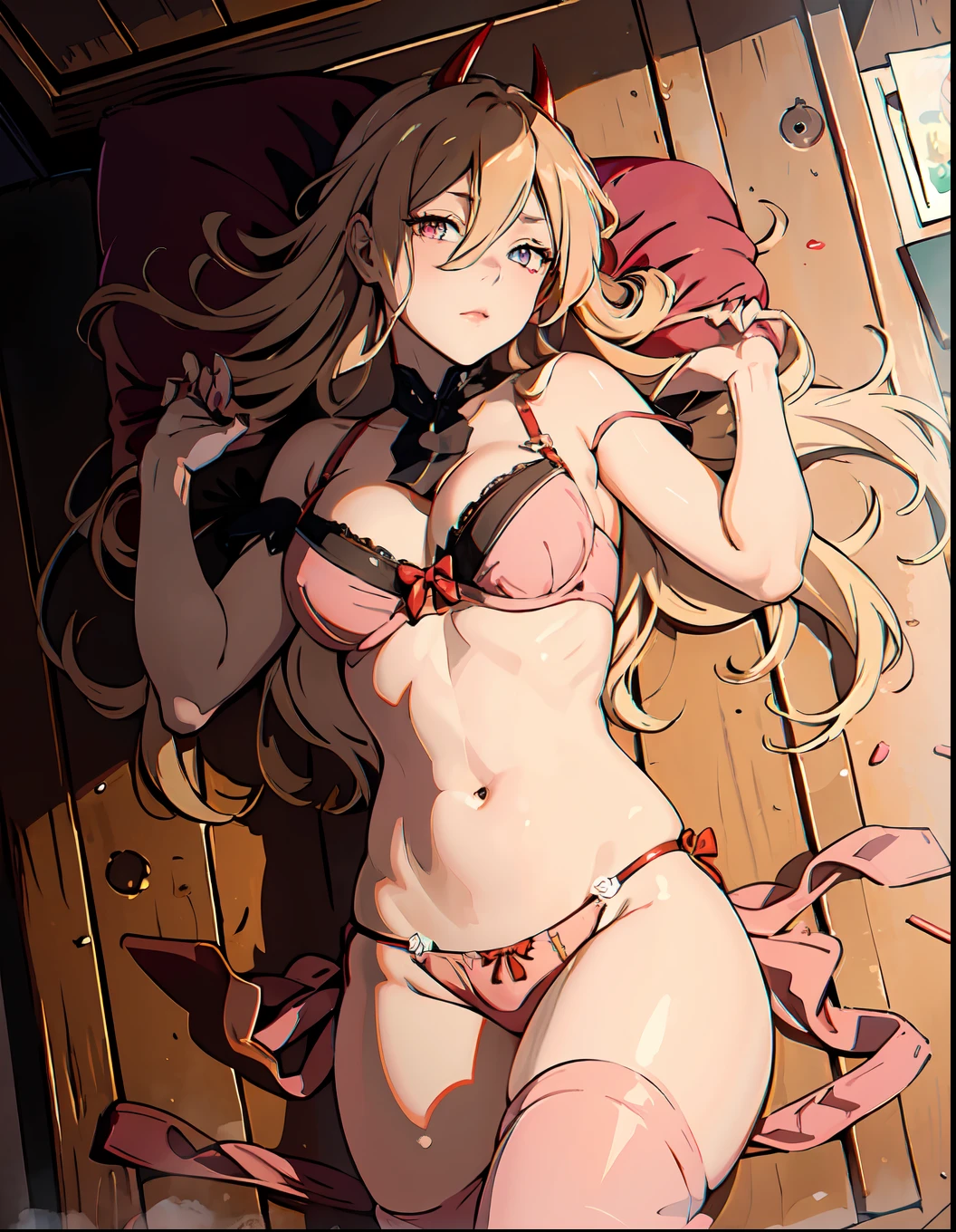 (masterpiece, best quality), power, red horns, beautiful girl, lying down, (detailed beautiful eyes) underwear, full body shot, long blonde hair, pink eyes, visible bellybutton