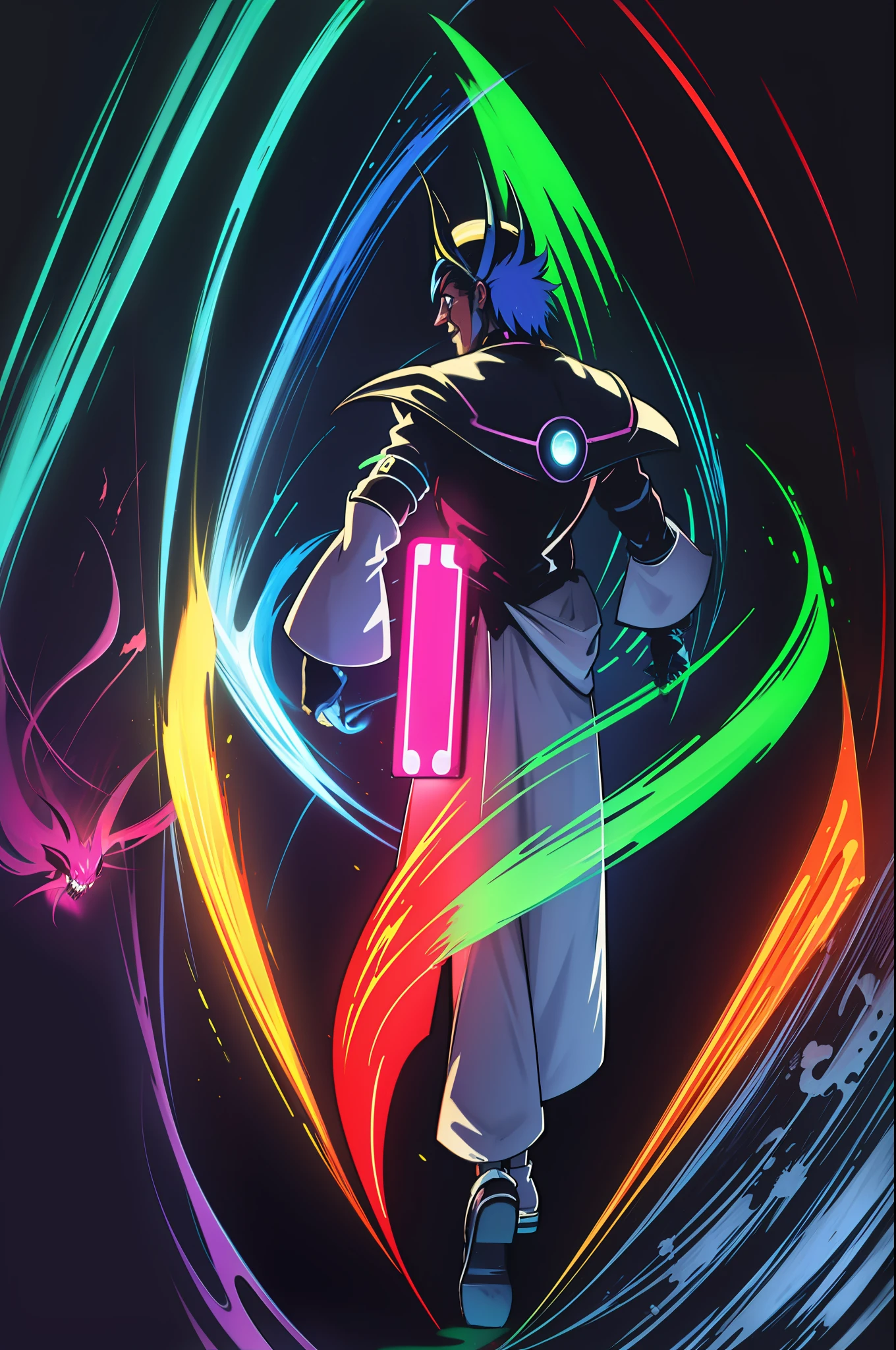 VIDEOJUEGO FINAL BOSS,neon color de fondo,espadas,energia,fuego,ataques