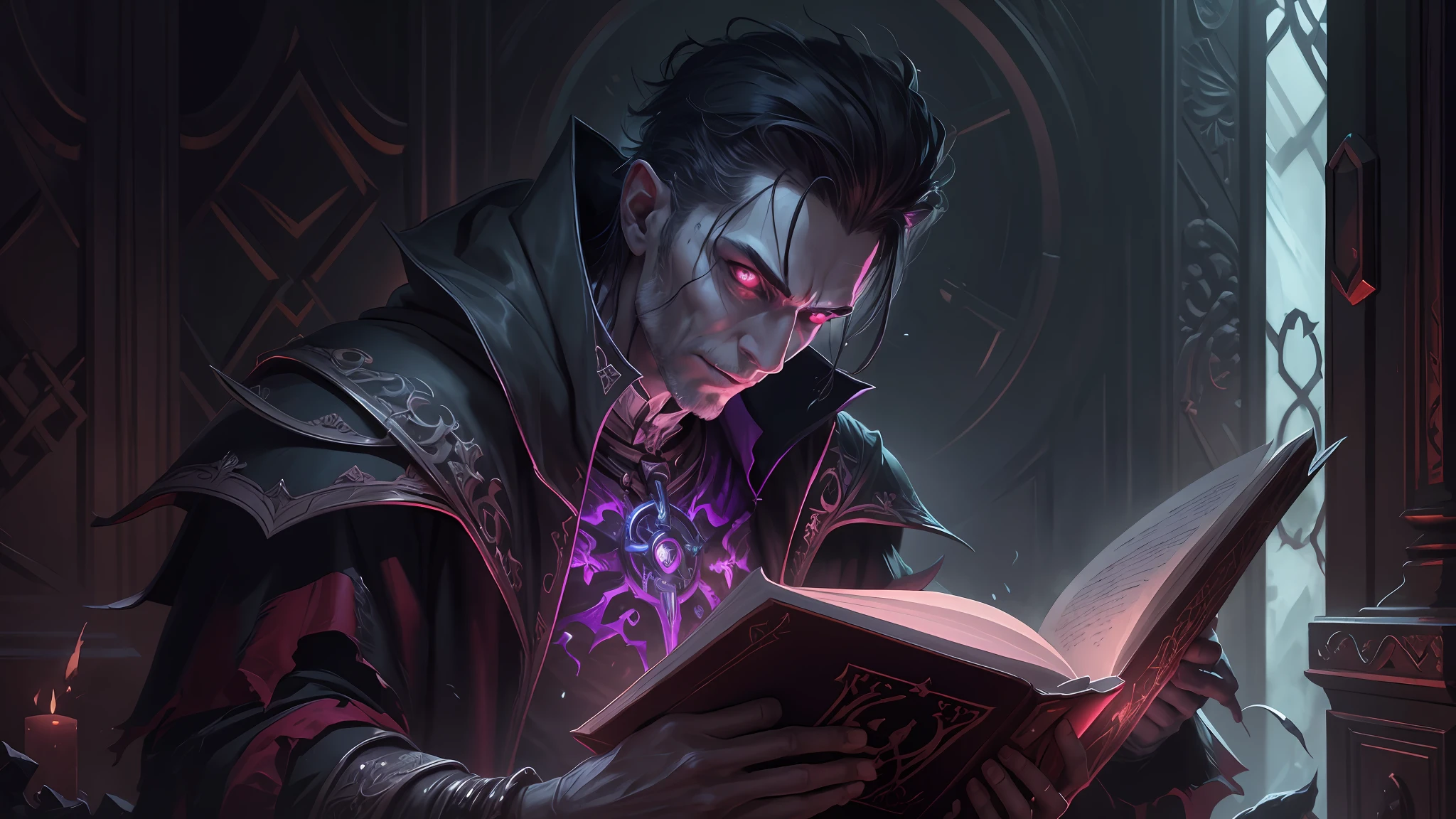 Highest quality，Masterpiece，Handsome and beautiful vampire necromancer reading a book in a dark room, dark but detailed digital art, Book of the Dead, horror fantasy art, detailed 4k horror artwork, Horror stories, dark fantasy horror art, Crypt legends, fantasy horror art, Read an evil devil's book, highly detailed dark art, portrait of the old necromancer