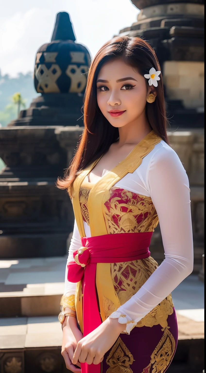 8k portrait of beautiful cyborg with brown hair, ((Borobudur temple background)), photography, portrait of gadis_jelita wearing kebaya_bali, red lipstick, detail, flowers, blurry background, soft focus, (masterpiece, sidelighting, finely detailed beautiful eyes: 1.2), hdr