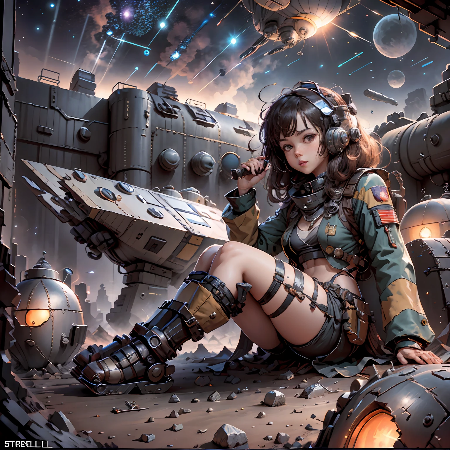 Man in space skater outfit, sitting in a spaceship, steel sphere-shaped spaceship, technological. Thinking looking at the night sky, full of stars in the sky, environment with purple leaves, sharp rocks in the horizon, comical, authentic, (Sci-fi), red symbol on the side of the ship Planet Earth , remains .Remains of exterminated quadrupedal aliens on the ground in front of the ship. Very small spaceship electric weapons. Realism (1.3), .Pulp magazine cover art from the 60's