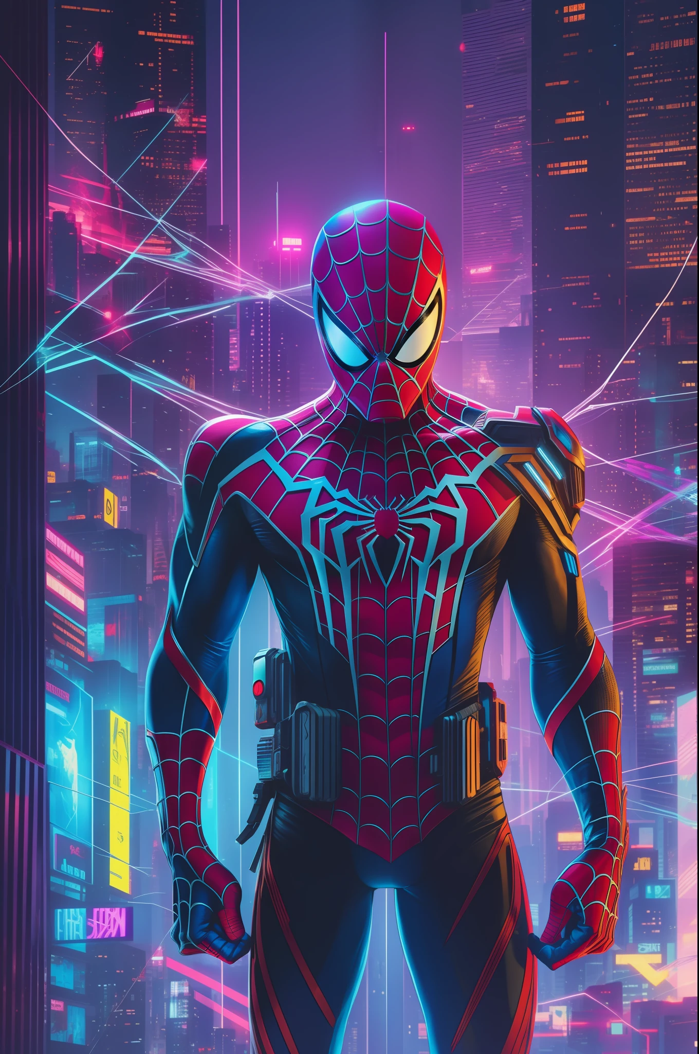 Spiderman cyberpunk bright colours and lightings,8k ultra hd wallpaper, realistic