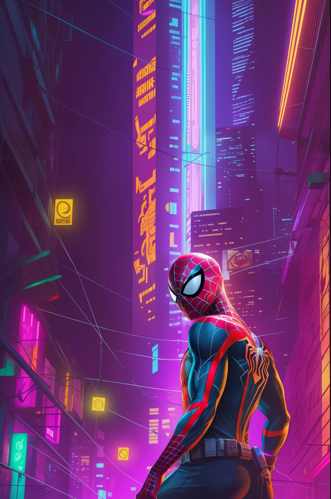Spiderman cyberpunk bright colours and lightings,8k ultra hd wallpaper, realistic
