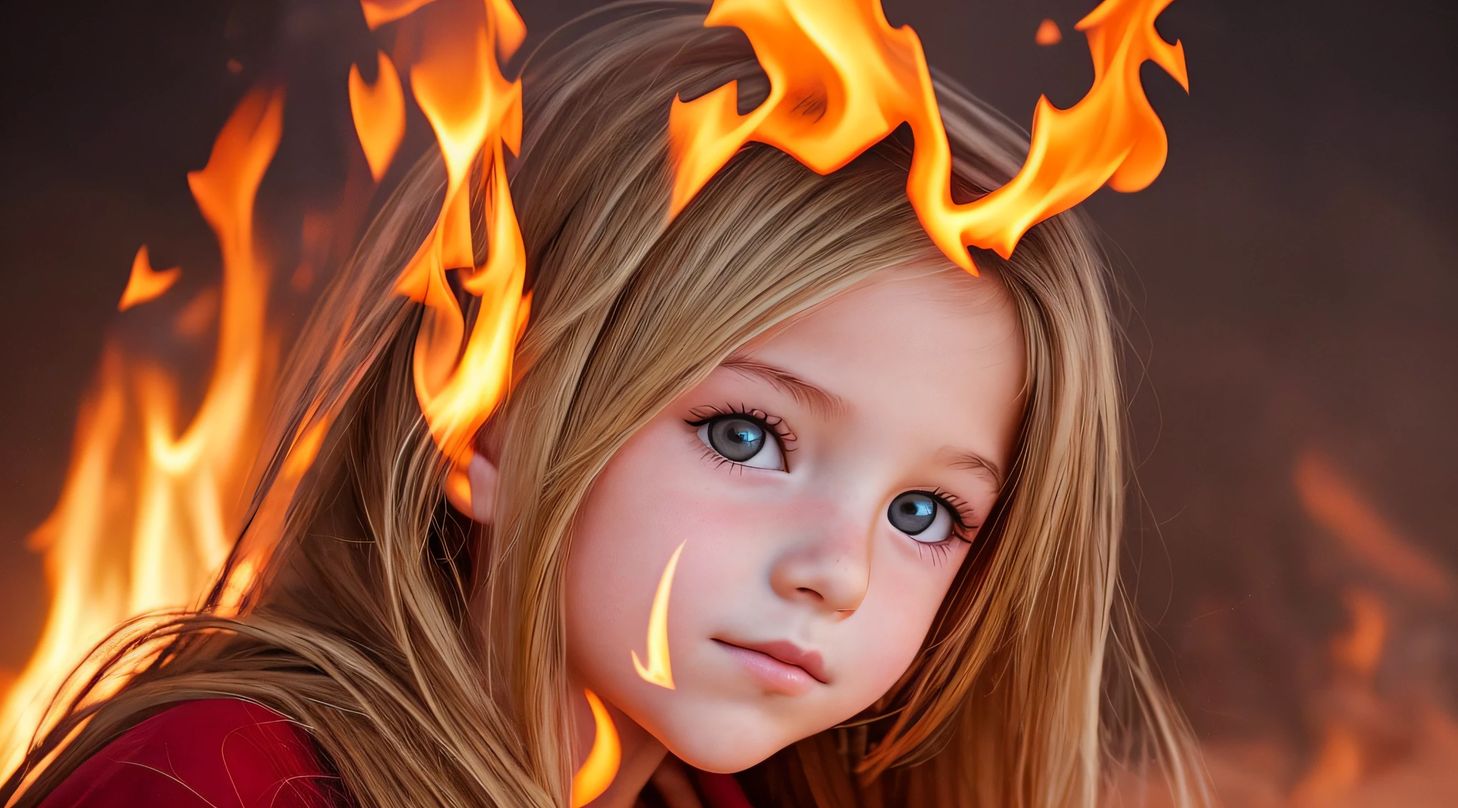 Girl child , Russian blonde in braids, com roupa de jaqueta de couro vermelha, estilo retrato, flames are glowing in the dark with a reflection of the fire, chamas de fogo, chamas no fundo, fogo e chamas.