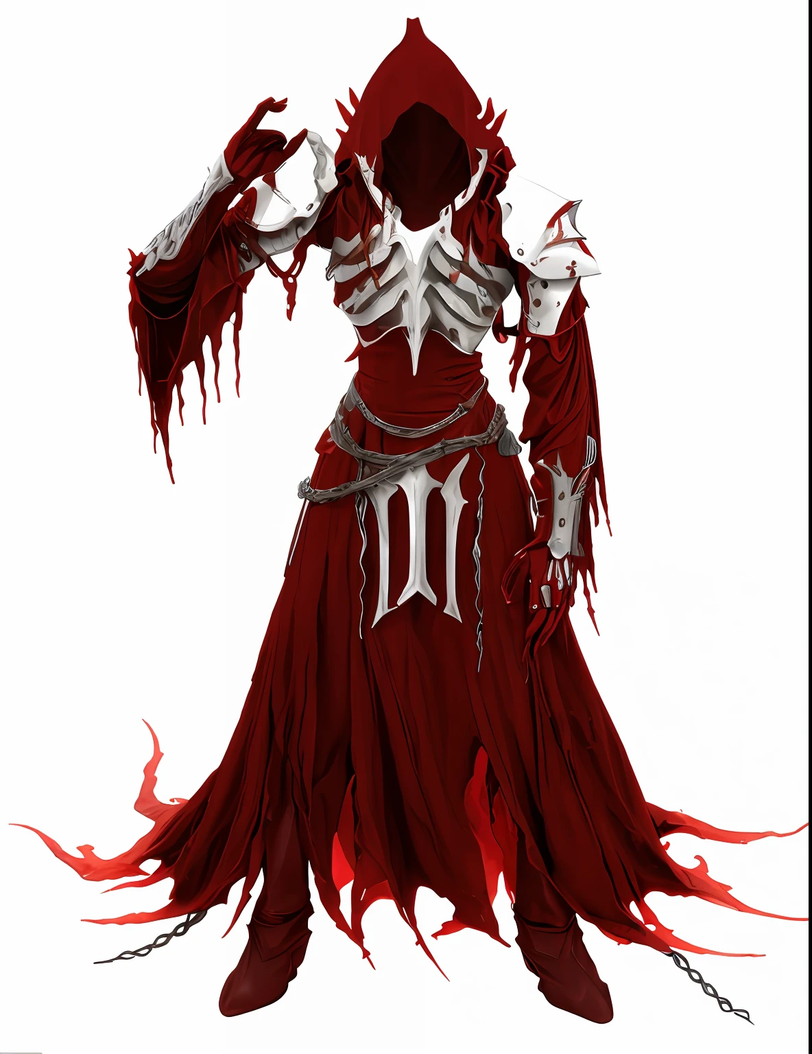 um close up de uma pessoa em um vestido vermelho com um esqueleto sobre ele, vestindo manto vermelho cultista, armadura vermelha de sangue, armadura branca e vermelha, traje carmesim, demonic robes, Ainz Ooal vestido, armadura corrompida, white and blood color scheme, red demon armor, Bloody + arte conceitual, vestes esfarrapadas, armadura pesada carmesim, cavaleiro de sangue, roupas carmesim