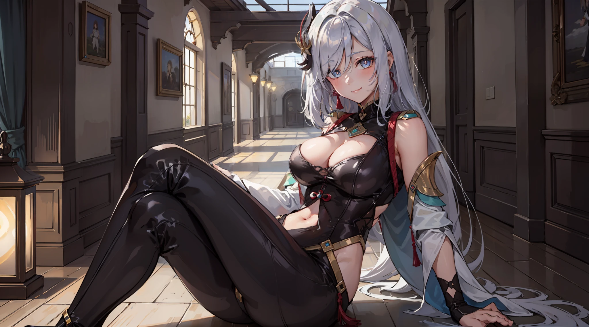 (1girl, glowing, large breasts, glowing eyes, happy) (digital) (crossed legs indian style in detailed hallway) , best quality, masterpiece, looking at viewer, smile, shenhedef, shenhernd, (ultra detail face, ultra detail eyes)