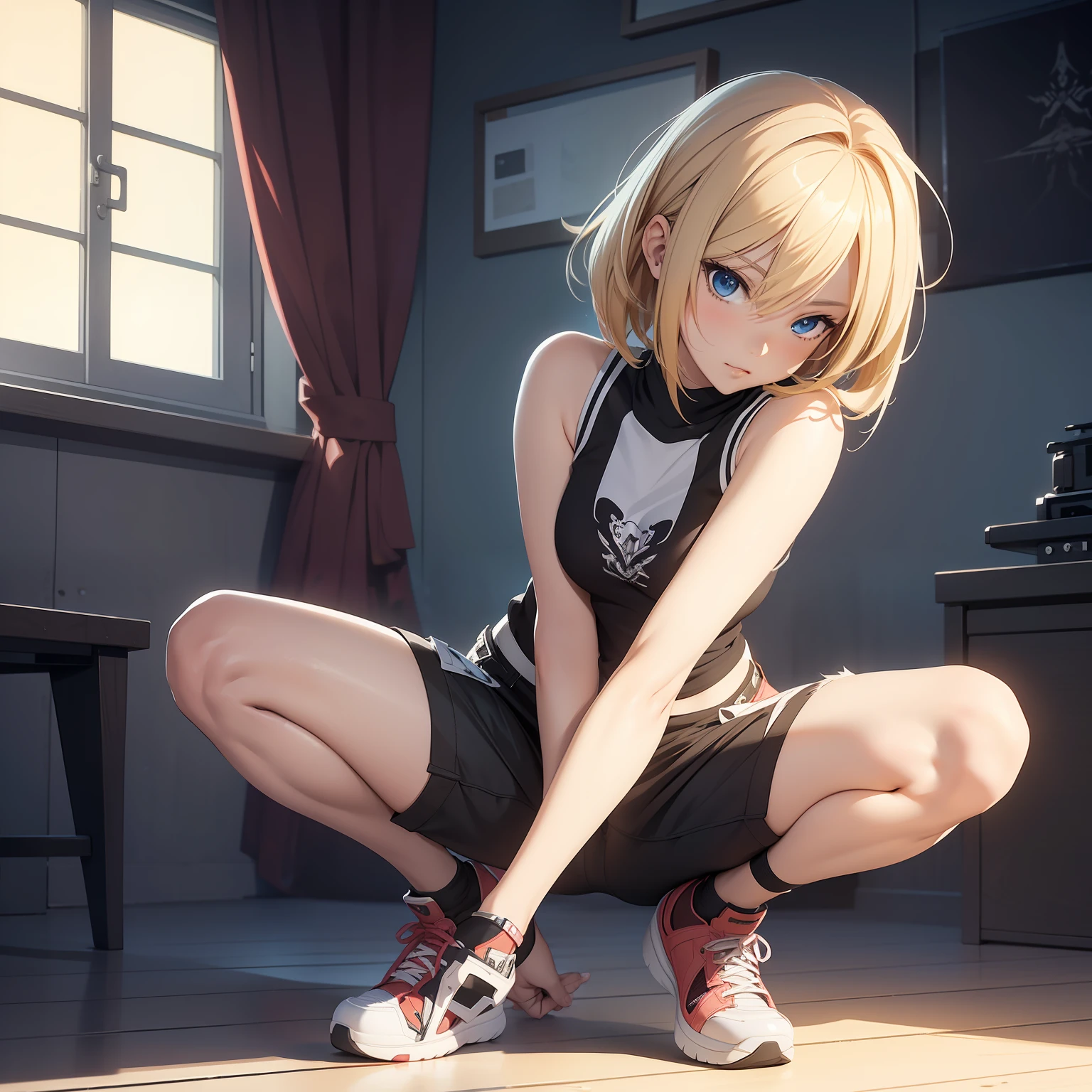 (masterpiece, best quality, ultradetailed, 8k, wallpaper, photorealistic), full body, 1 girl, perfect body, perfect anatomy, perfect hands, long round legs, short blonde-haired girl in a sleeveless white fitted printed shirt and black shorts, smooth anime cg art, anime style, realistic anime 3d style, high-quality anime art style, digital anime art, Ross tran style, realistic anime art style, style anime, modern anime style, the anime girl is crouching