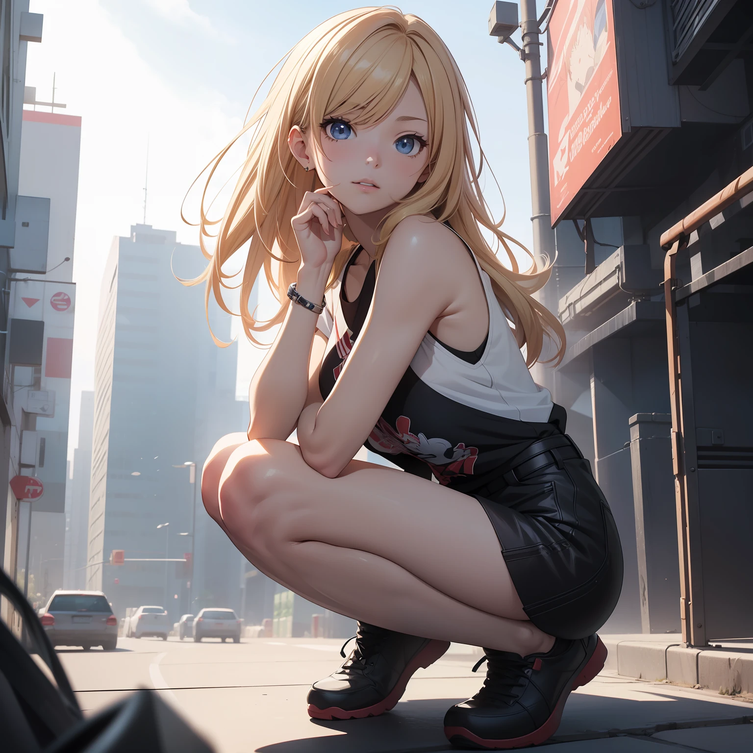 (masterpiece, best quality, ultradetailed, 8k, wallpaper, photorealistic), full body, 1 girl, perfect body, perfect anatomy, perfect hands, long round legs, short blonde-haired girl in a sleeveless white fitted printed shirt and black shorts, smooth anime cg art, anime style, realistic anime 3d style, high-quality anime art style, digital anime art, Ross tran style, realistic anime art style, style anime, modern anime style, the anime girl is crouching
