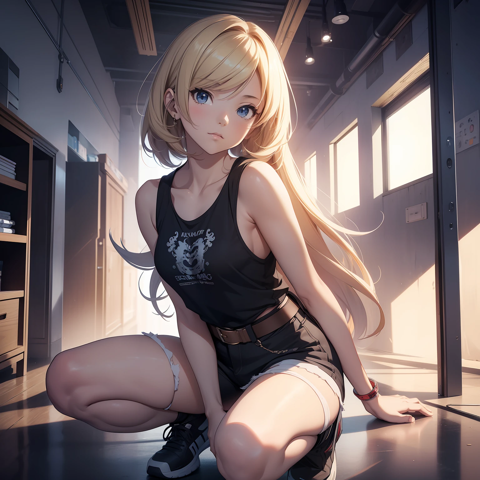 (masterpiece, best quality, ultradetailed, 8k, wallpaper, photorealistic), full body, 1 girl, perfect body, perfect anatomy, perfect hands, long round legs, short blonde-haired girl in a sleeveless white fitted printed shirt and black shorts, smooth anime cg art, anime style, realistic anime 3d style, high-quality anime art style, digital anime art, Ross tran style, realistic anime art style, style anime, modern anime style, the anime girl is crouching