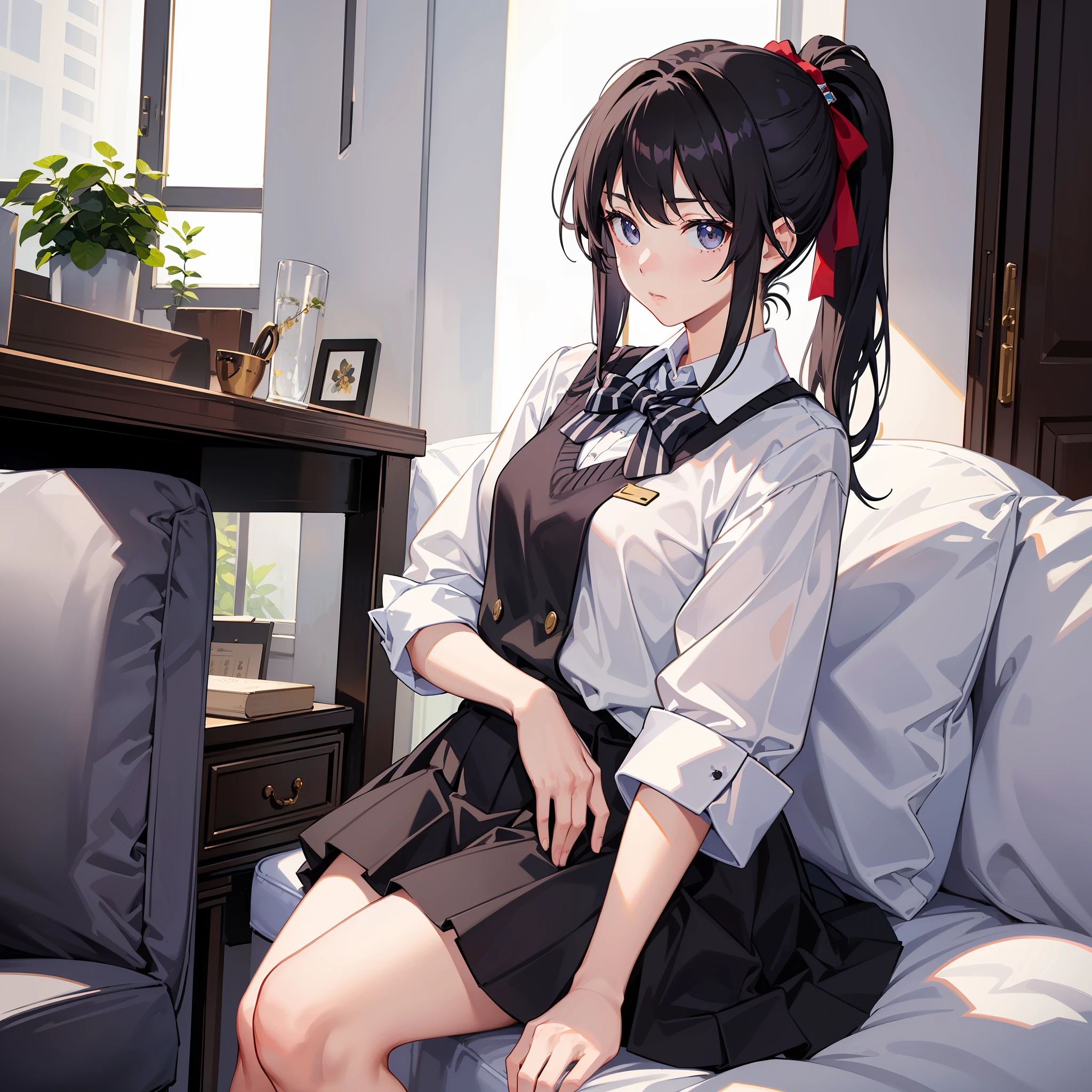 Masterpiece, Best quality, A high resolution, 1girl kirasaka sayaka high ponytail hair ribbon, Striped bow tie sweater vest white shirt short sleeves, black skirt, black thighs and thighs hands in pockets