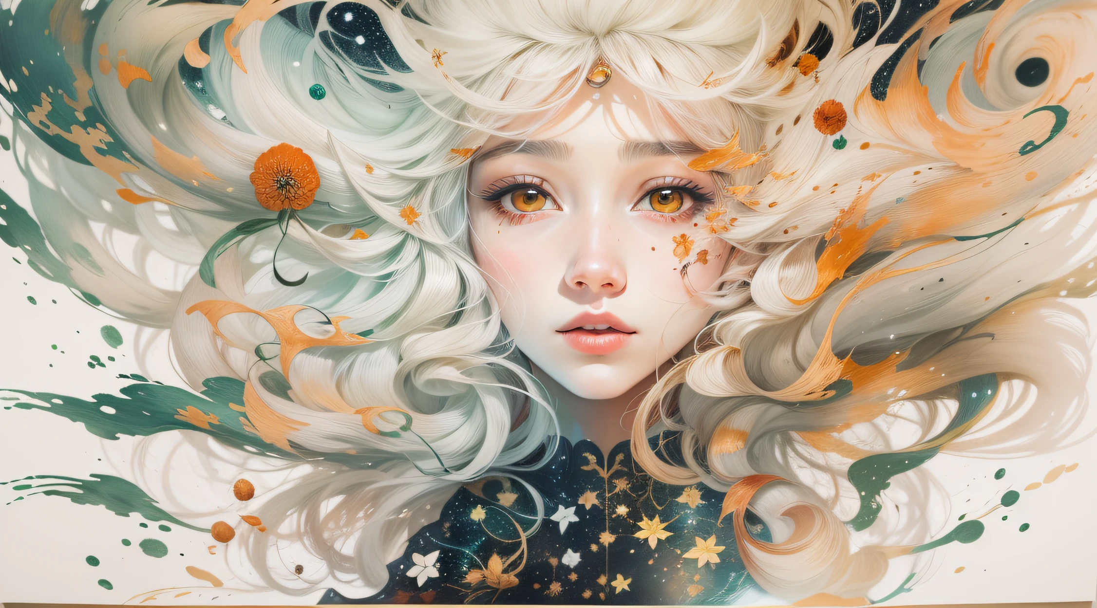 (fundo branco),(illustration),(melhor qualidade),(obra-prima),(papel de parede 8k extremamente detalhado),(Colouring),(. Fotografia infravermelha), (corpo inteiro),(sozinho), (respingos de tinta),(Respingos de cor),((Aquarela)), foco nítido, pintura a tinta tradicional chinesa , menina ,brilho radioativo, arte abstrata, foco no personagem, olhos com reflexo , ceu estrelado , galaxia
