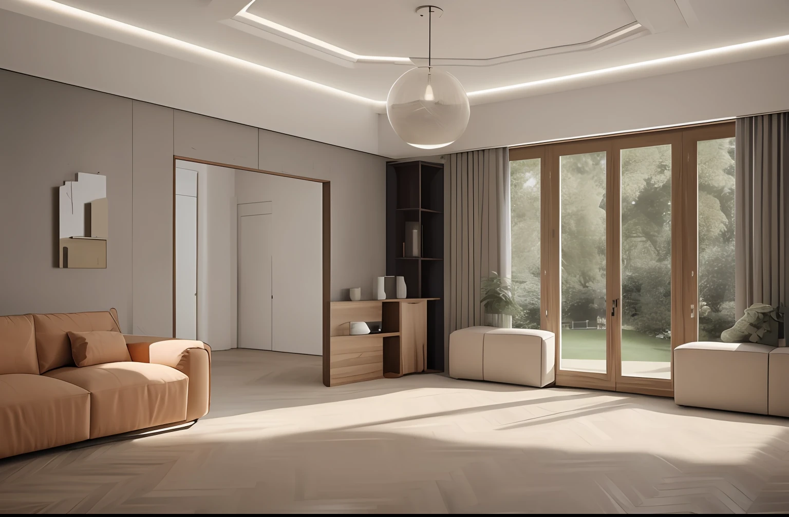 salon, Well-appointed living space, Homy, (Sofa:1.3), (table basse:1.3), (Fauteuils:1.3), dining table with chairs, Mid-century design, Formes organiques, mixed materials such as wood, glass and metal, couleurs vives, Retro and futuristic elements, Iconic mid-20th century design
