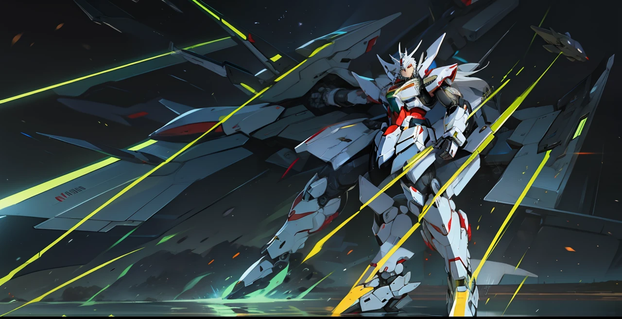 Handsome Asian man with white hair,A mech as handsome as the Red Heresy Gundam