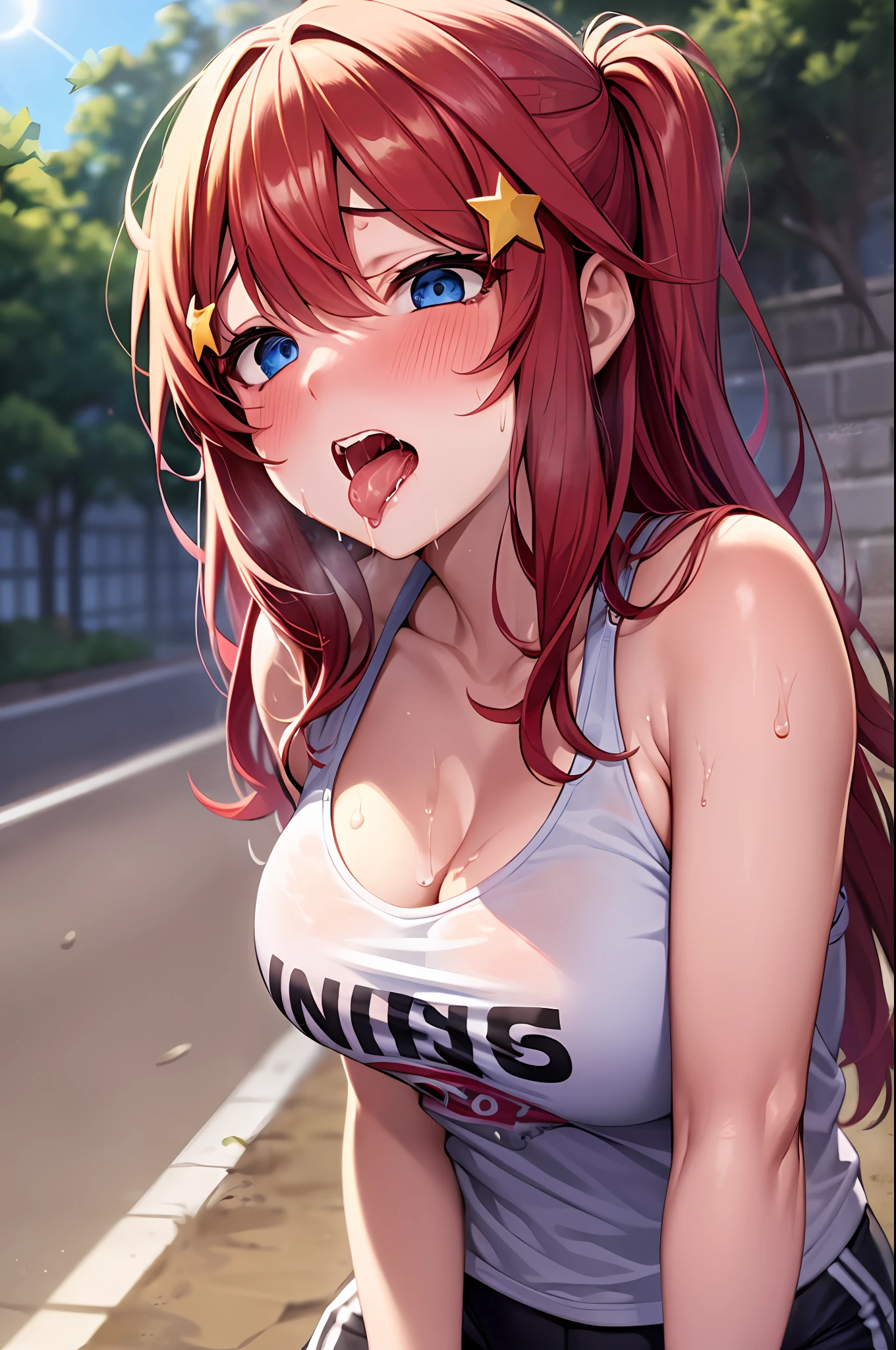 (suggestive:1.3),(corruption),1girl,(whute t-shirt), melting,dripping,red hair,blue eyes,blush,upper body,(ahegao:1.1),(naughty face),collarbone,trembling,sweat,sweatdrop,heart,skindentation, (crazy:1.3),(speed lines),sun, outdoors, star hairpins