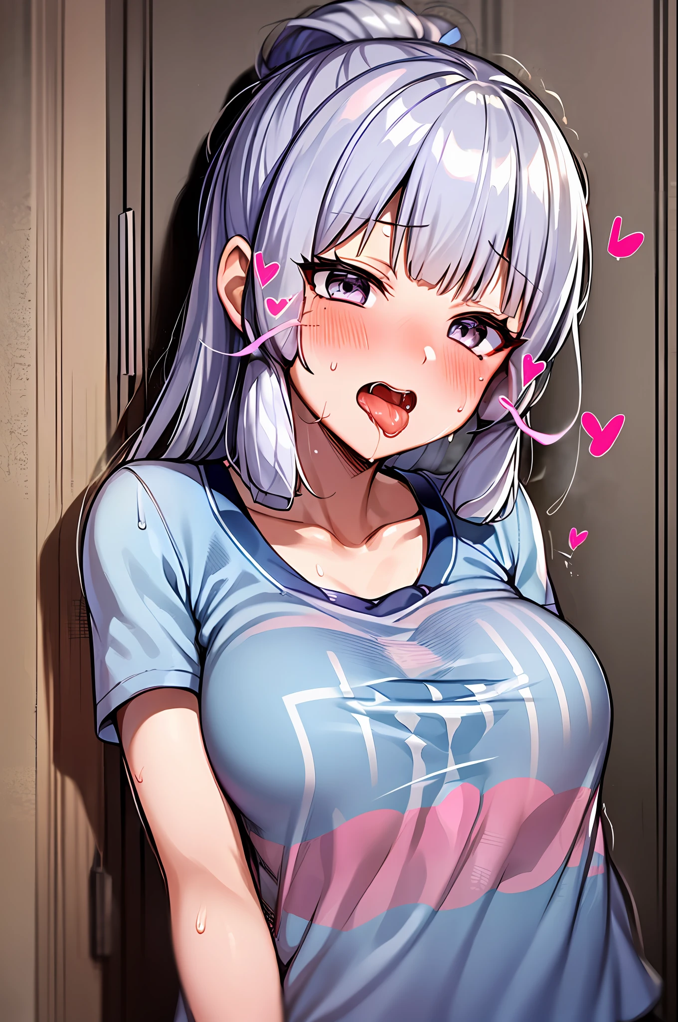Kamisato ayaka,(suggestive:1.3),(corruption),1girl,(whute t-shirt), melting,dripping,silver hair,silver eyes,blush,upper body,(ahegao:1.1),(naughty face),collarbone,trembling,sweat,sweatdrop,heart,skindentation, (crazy:1.3),(speed lines),sun, outdoors