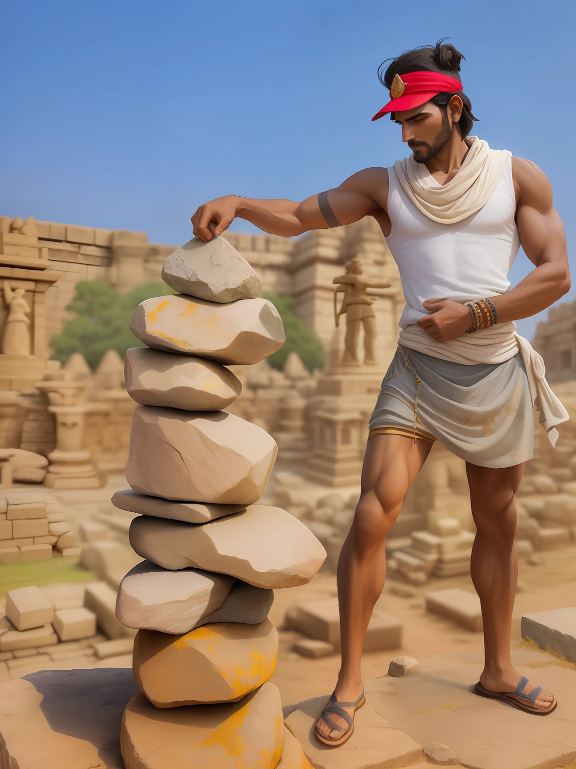 there is a man standing next to a pile of rocks, standing pose on stones, sculpture made of piled stones, man carving himself out of stone, standing atop a pile of rubble, at khajuraho, at an ancient city, positing on rock super hero pose, epic khajuraho, vest, trampling an ancient city, archeological find, stonepunk
