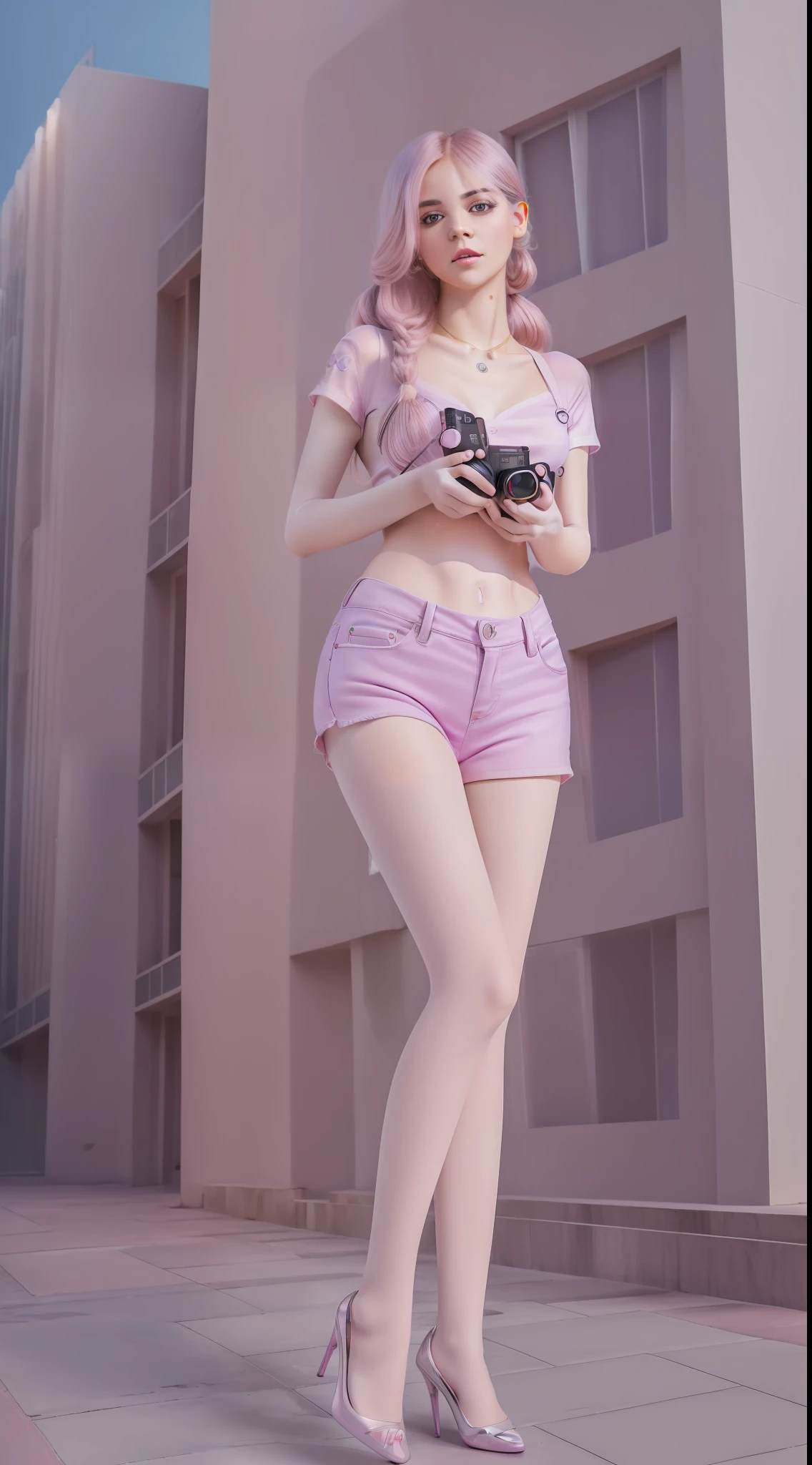(masterpiece, best quality, 8K smooth, highres), 1girl, long light pink hair, big eyes, finely portrayed eyes, light purple glossy short sleeves on the upper body, light silver glossy jeans on the lower body, full body, Close-Up (CU), cinimatic Light, moonlight illuminating the city, hopeful,surrealism,(sony a7m4,F/2.3,80mm,RAW photo:1.6)