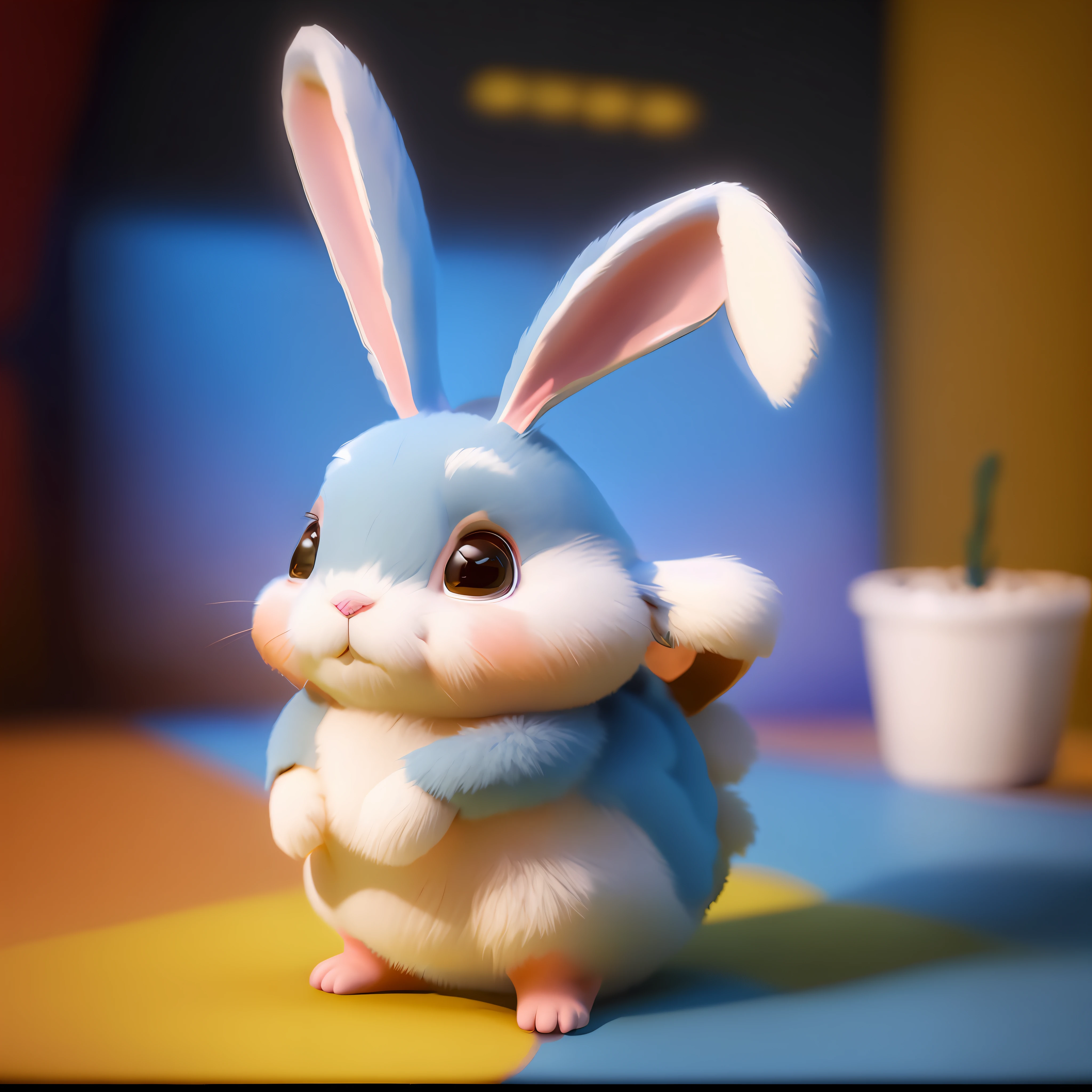 There is a small toy rabbit sitting at a table, bonito 3 d render, 3 d render stylized, liquidificador eevee render, renderizado em octane render 32k, renderizado em Arnold, stylized as a 3d rendering, renderizado em renderman, renderizado em octane render, fofo! c4d, painting digital adorable, 3d rendering stylized