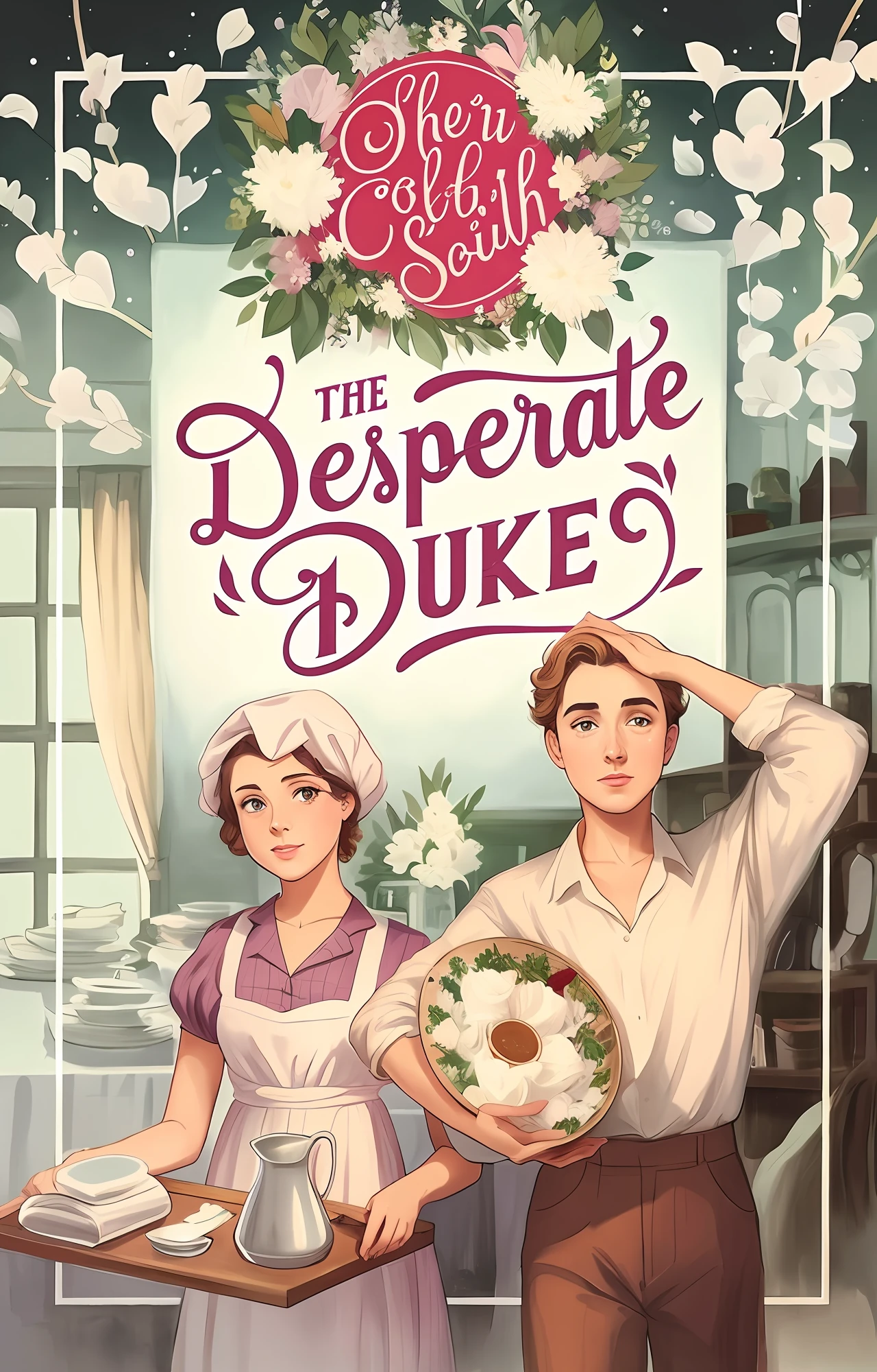 uma imagem de desenho animado de um homem e uma mulher segurando uma bandeja de comida, capa de romance, desesperado, Directed by: Alison Debenham, arte da capa de um livro, inspirado em Christabel Dennison, inspirado em Elsie Dalton Hewland, inspirado em Olive Mudie-Cooke, inspirado em Anne Dunn, inspirado em Jessie Alexandra Dick, romance ilustrado, Directed by: Thomas Dalziel