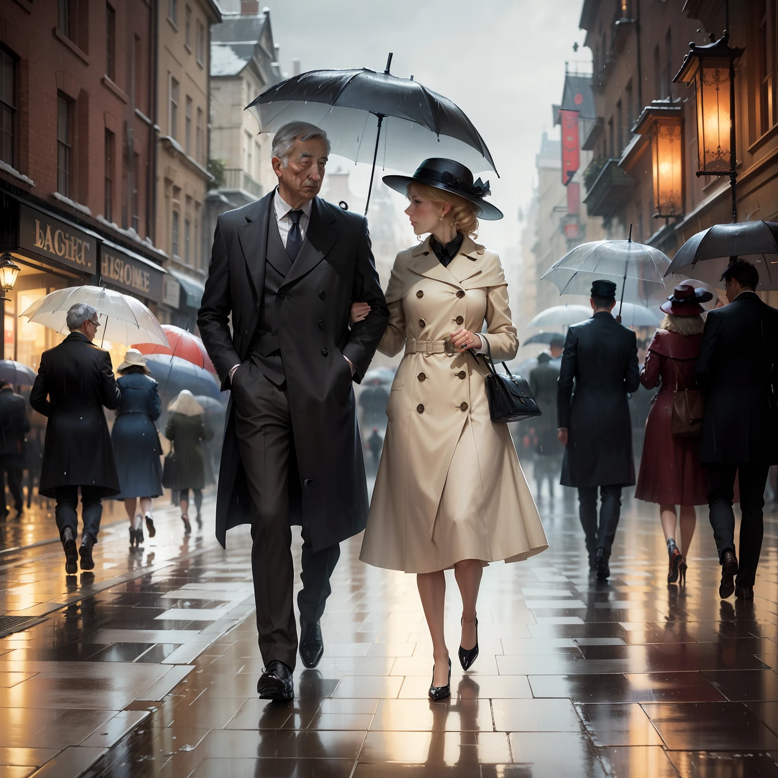 a painting of people walking in the rain with umbrellas, by Victor Noble Rainbird, by Antoine Blanchard, by Richard Mayhew, by Stanley Matthew Mitruk, by Nick Fudge, by Edmund Blampied, by Jane Hawkins, by David Donaldson, by William Gear, by George Barker, by Juliette Wytsman, by Louisa Puller, by David Garner