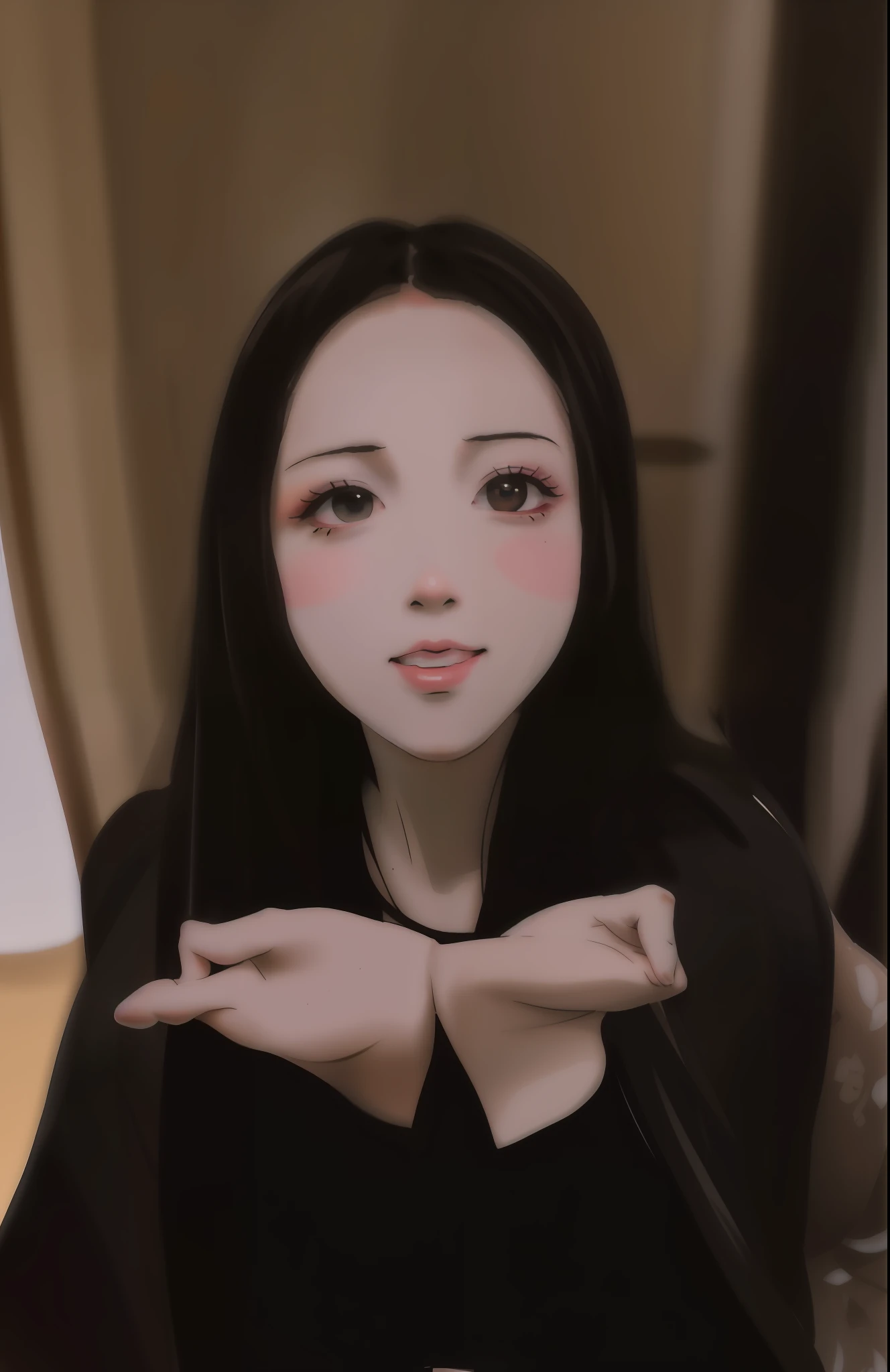 (masterpiece),best quality,good anatomy,shuimobysim,arms behind back,(1 girl:1),(The upper part of the body),(smile),short detailed hair,(hanfu),(ecchi0.5),(trees:0.5) , (fresh flowers:0.6) ,(wooden cabin:0.2),(bamboo forrest:0.2),(small stream:0.2),(rios:0.2),