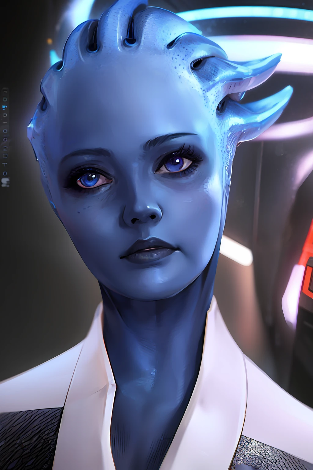 absurdres, 1girl, asari, blue_skin, close up, complex science fiction costumes, cyberpunk, looking-into-camera