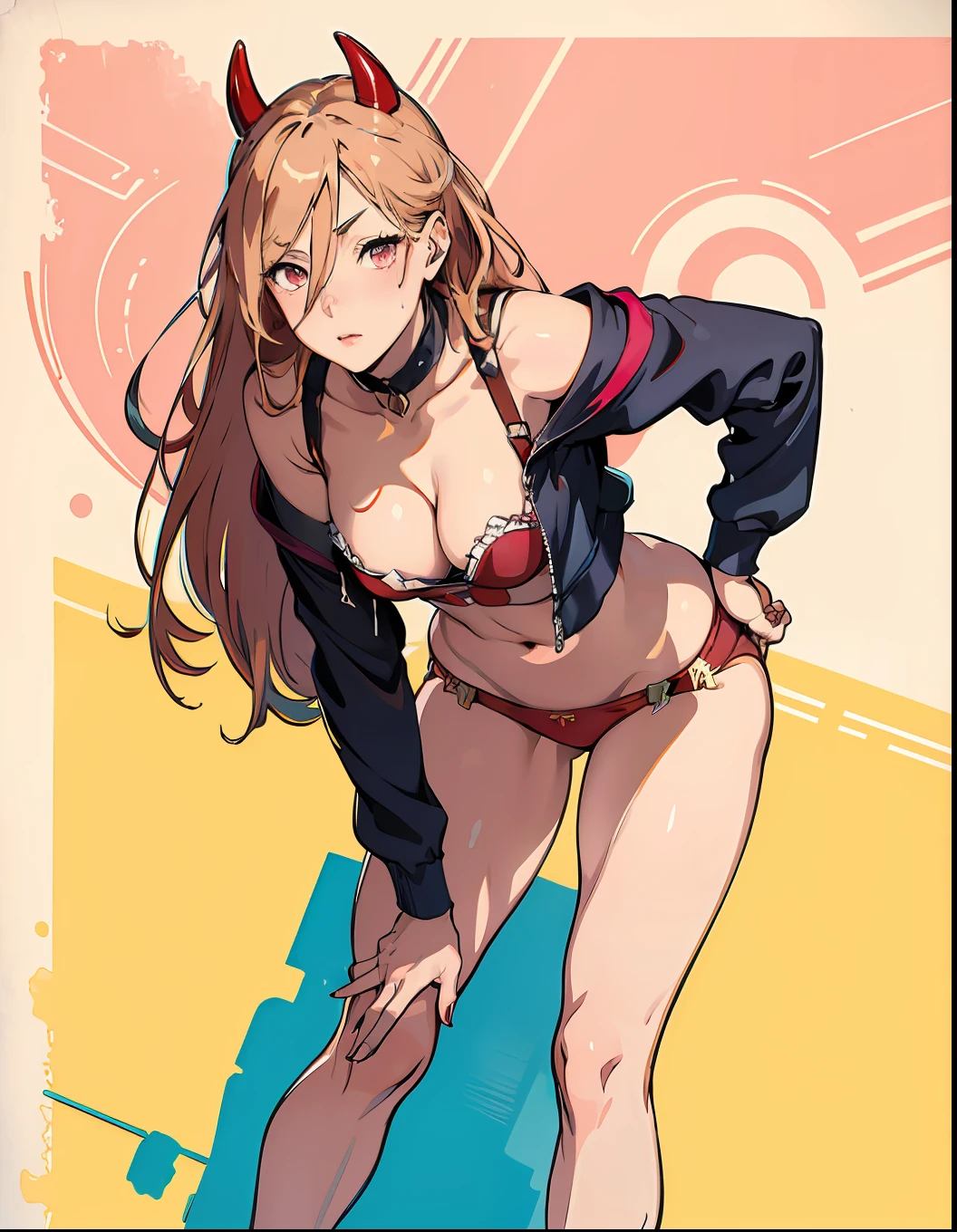 (masterpiece, best quality), power, red horns, beautiful girl, standing, leaning forward, bent over, winking, (detailed beautiful eyes) underwear, full body shot, long blonde hair, pink eyes, visible bellybutton