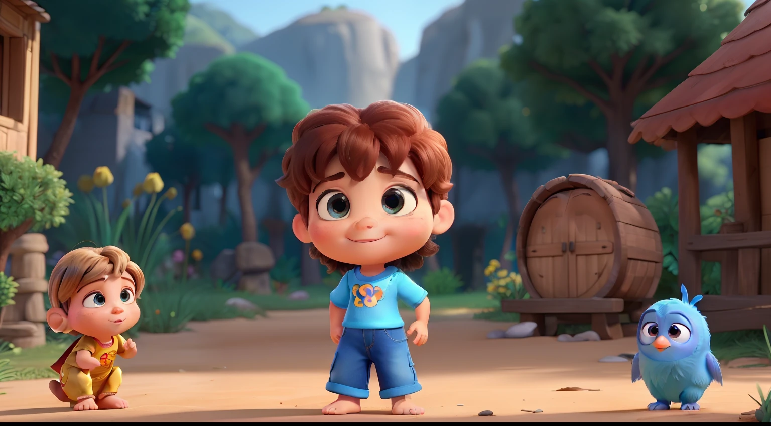melhor qualidade, ultra alta res, (pixar: 1.4), 1menino, cabelo vermelho cachado, olhos detalhados, parte superior do corpo, peaceful, ssorridente, gentil, tunic, chiton, cuidando de ovelhas