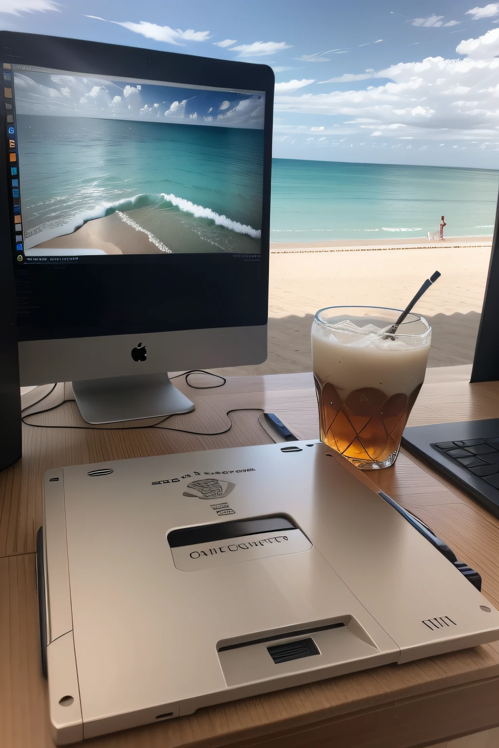 9:Picture scale of 16，A border is a page border bar made up of your computer，Inside the border bar is a beautiful sandy beach，There is no seawater，