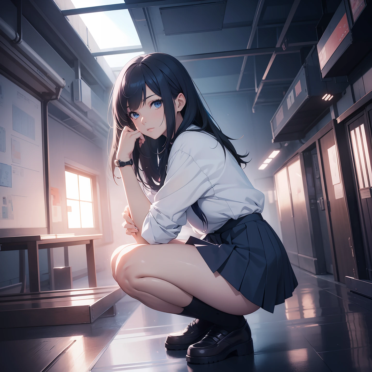 (masterpiece, best quality, ultradetailed, 8k, wallpaper, photorealistic), full body, 1 girl, 20 years old, perfect body, perfect anatomy, perfect hands, long round legs, short blue-haired girl in a Japanese school uniform, mini skirt, smooth anime cg art, anime style, realistic anime 3d style, high-quality anime art style, digital anime art, Ross tran style, realistic anime art style, style anime, modern anime style, the anime girl is crouching