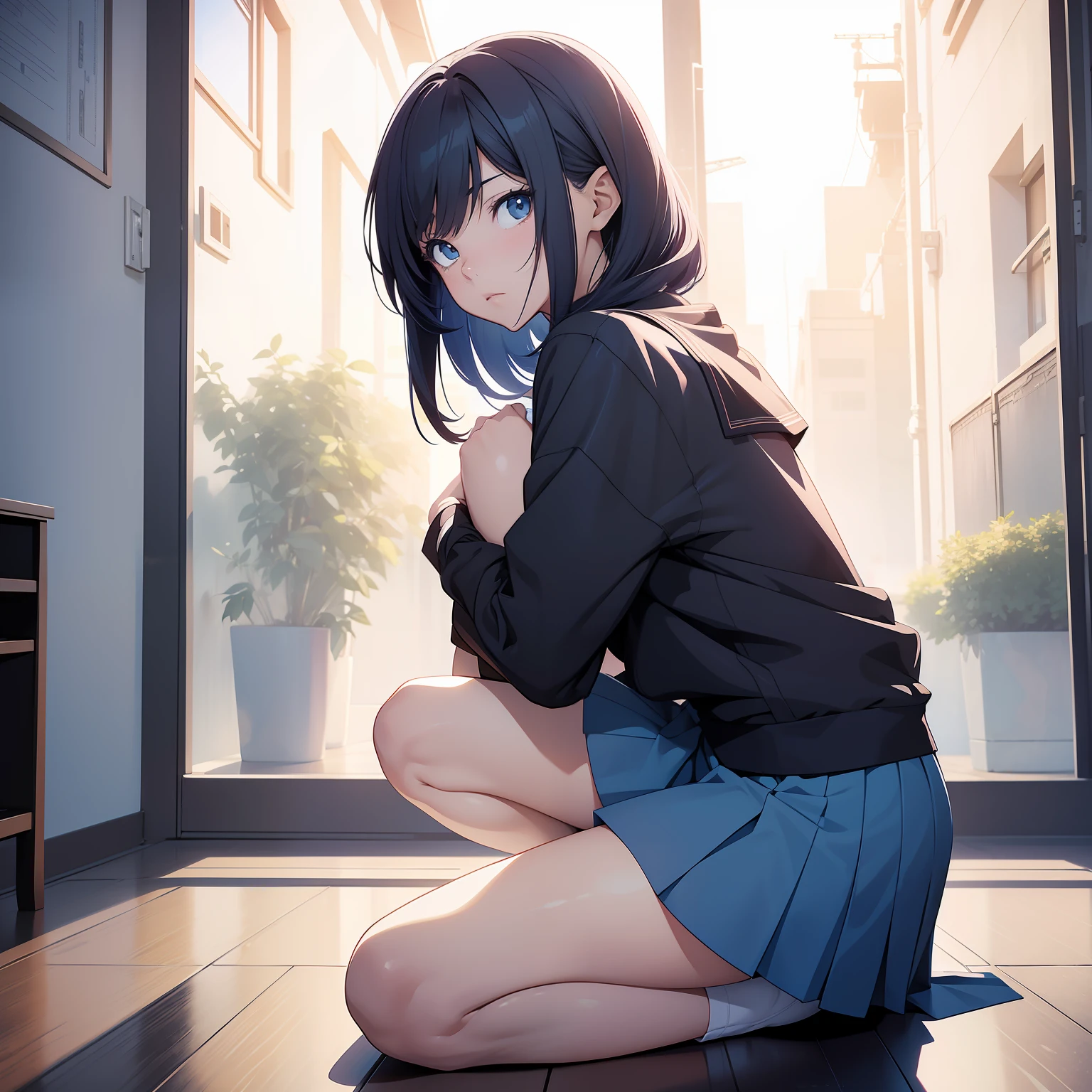 (masterpiece, best quality, ultradetailed, 8k, wallpaper, photorealistic), full body, 1 girl, 20 years old, perfect body, perfect anatomy, perfect hands, long round legs, short blue-haired girl in a Japanese school uniform, mini skirt, smooth anime cg art, anime style, realistic anime 3d style, high-quality anime art style, digital anime art, Ross tran style, realistic anime art style, style anime, modern anime style, the anime girl is crouching