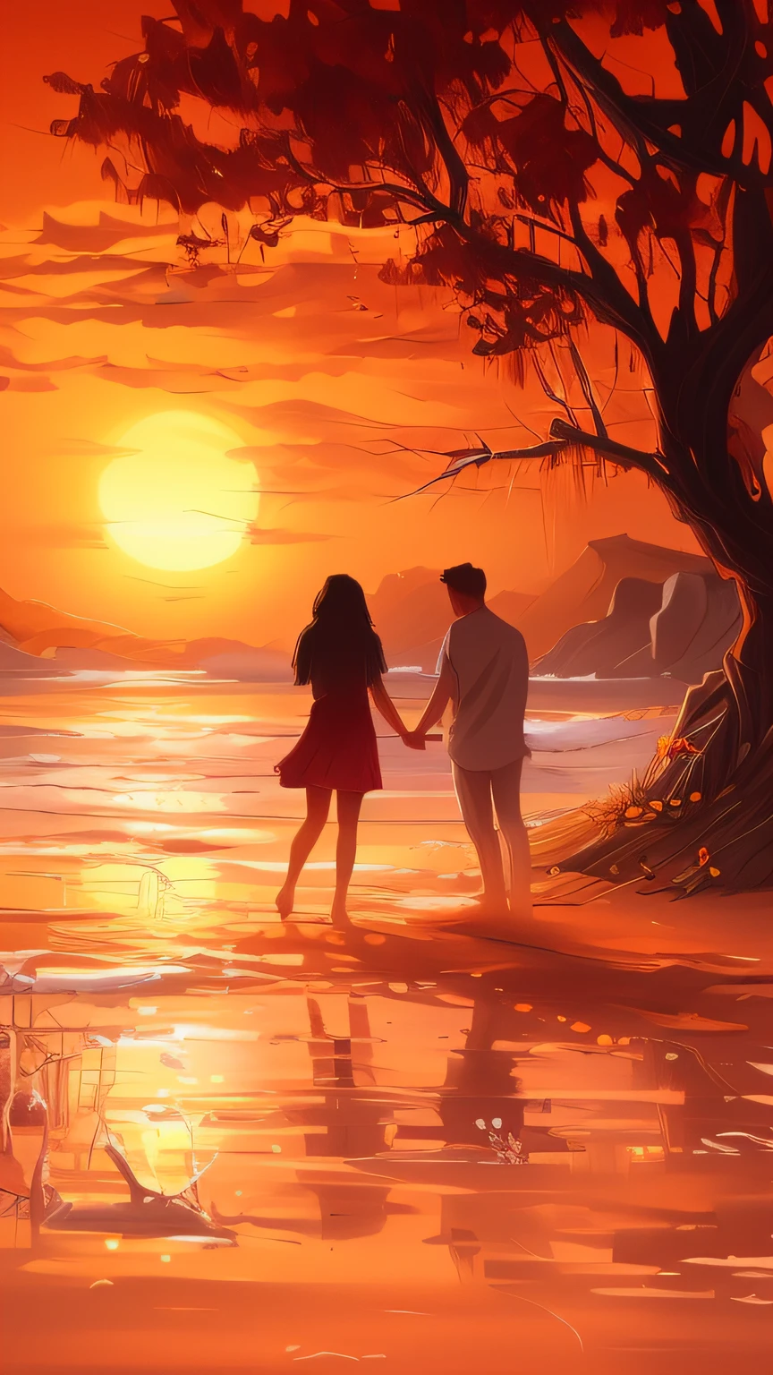 Painting of a couple holding hands walking on a beach at sunset, gorgeous romantic sunset, romantic painting, SUNSET ILLUSTRATION, cena quente e bonita, romantic couple, No estilo de Cyril Rolando, Directed by: Cyril Rolando, Arte Conceitual do Amor, Arte bonita UHD 4K, a beautiful artwork illustration, with a sunset, in the sunset, inspirado em Cyril Rolando