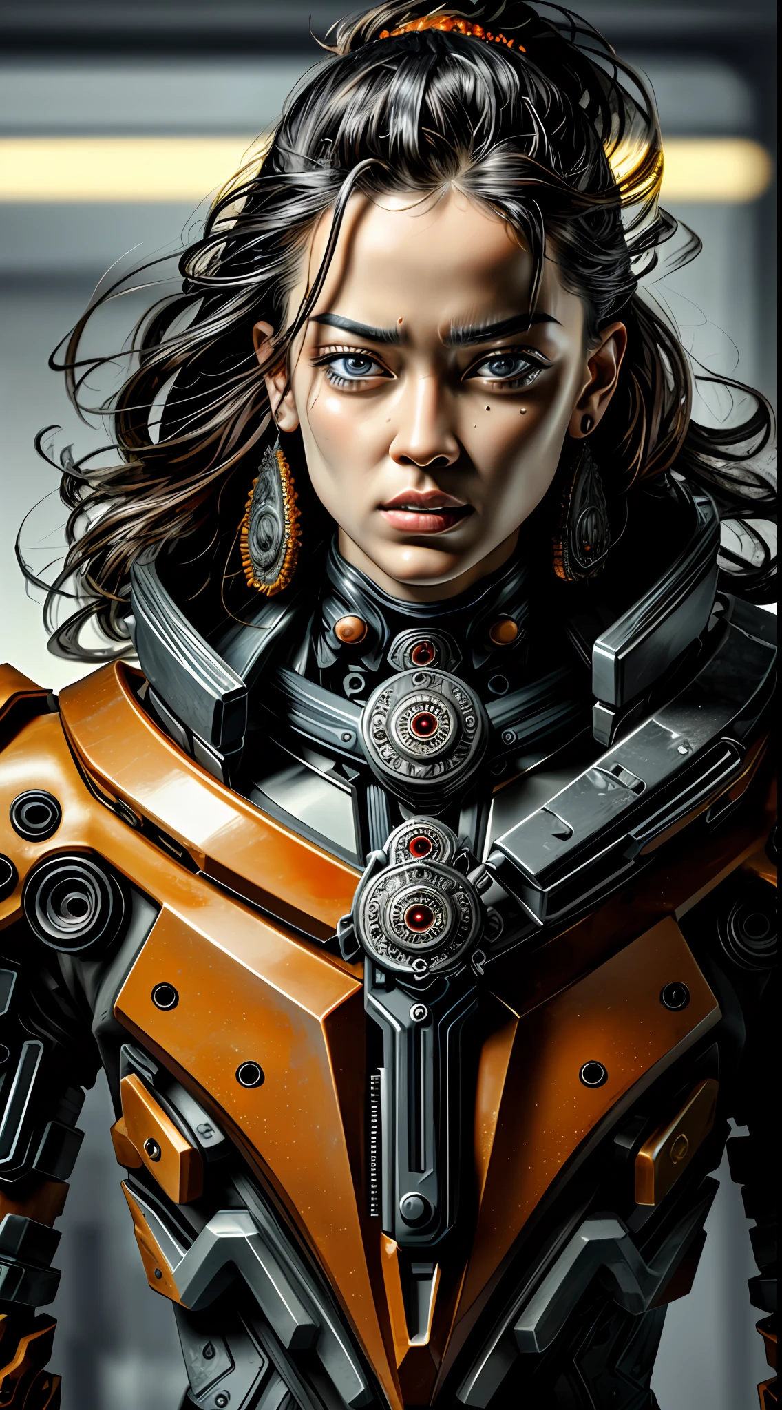 a close up symmetrical portrait of a cyberpunk gangster, biomechanical, mshn robot, splashes of orange red, hyper realistic, intricate design, (insanely detailed:1.4), (extremely fine details:1.35), Extremely sharp lines, steel, cinematic lighting, Photorealistic, a detailed painting by Ayami Kojima and Lilia Alvarado, (best quality, high quality, absurdres, intricate detail, masterpiece, cinematic), highly detailed, motion blur, film grain, noise, lens effects,