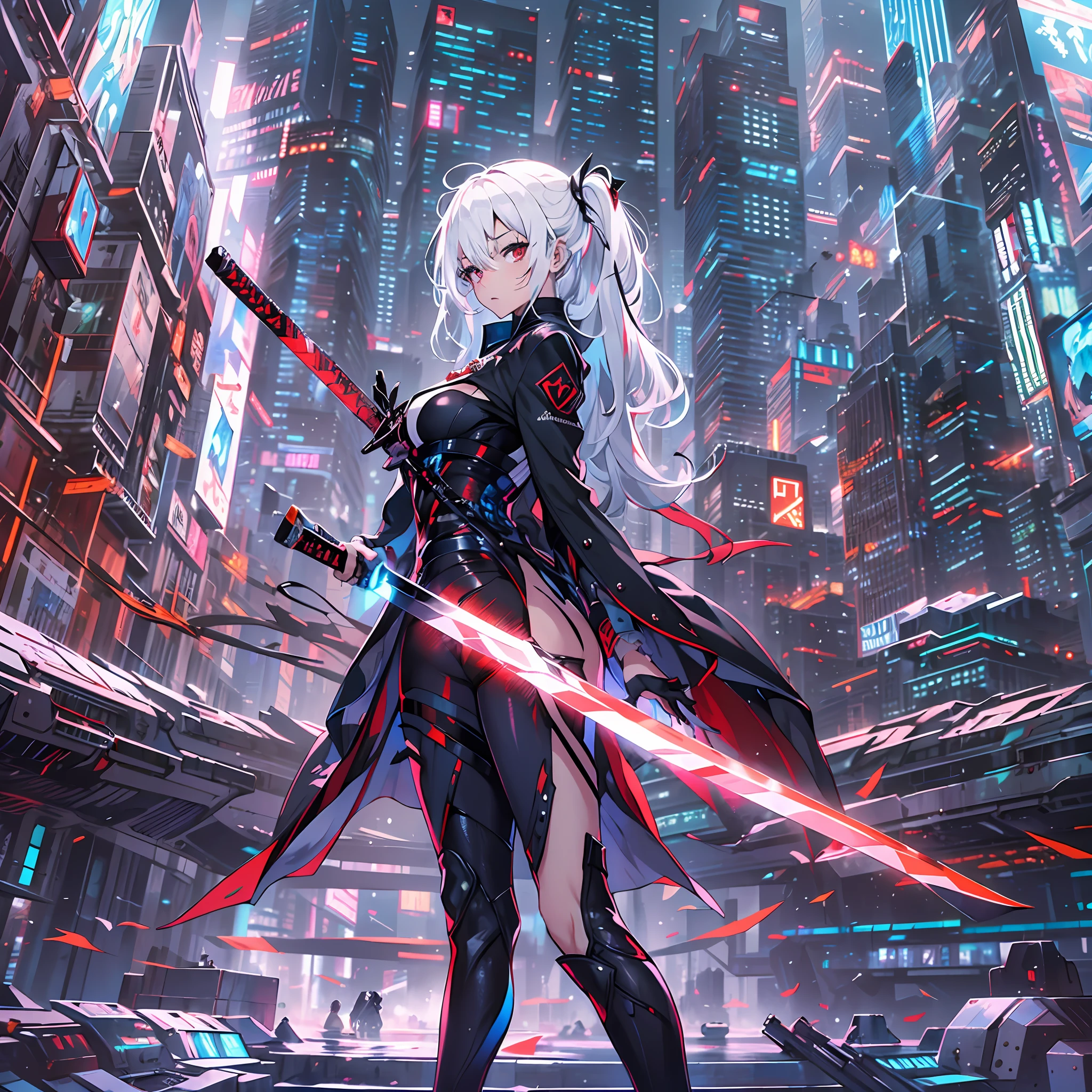 (absurdres, highres, ultra detailed),(Masterpiece, best quality:1.2),1girl, wearing a black suit, futuristic suit,two katanas at the back, heterochromia,blue and red eyes,white hair,aether gazer, surrounded by futuristic buildings