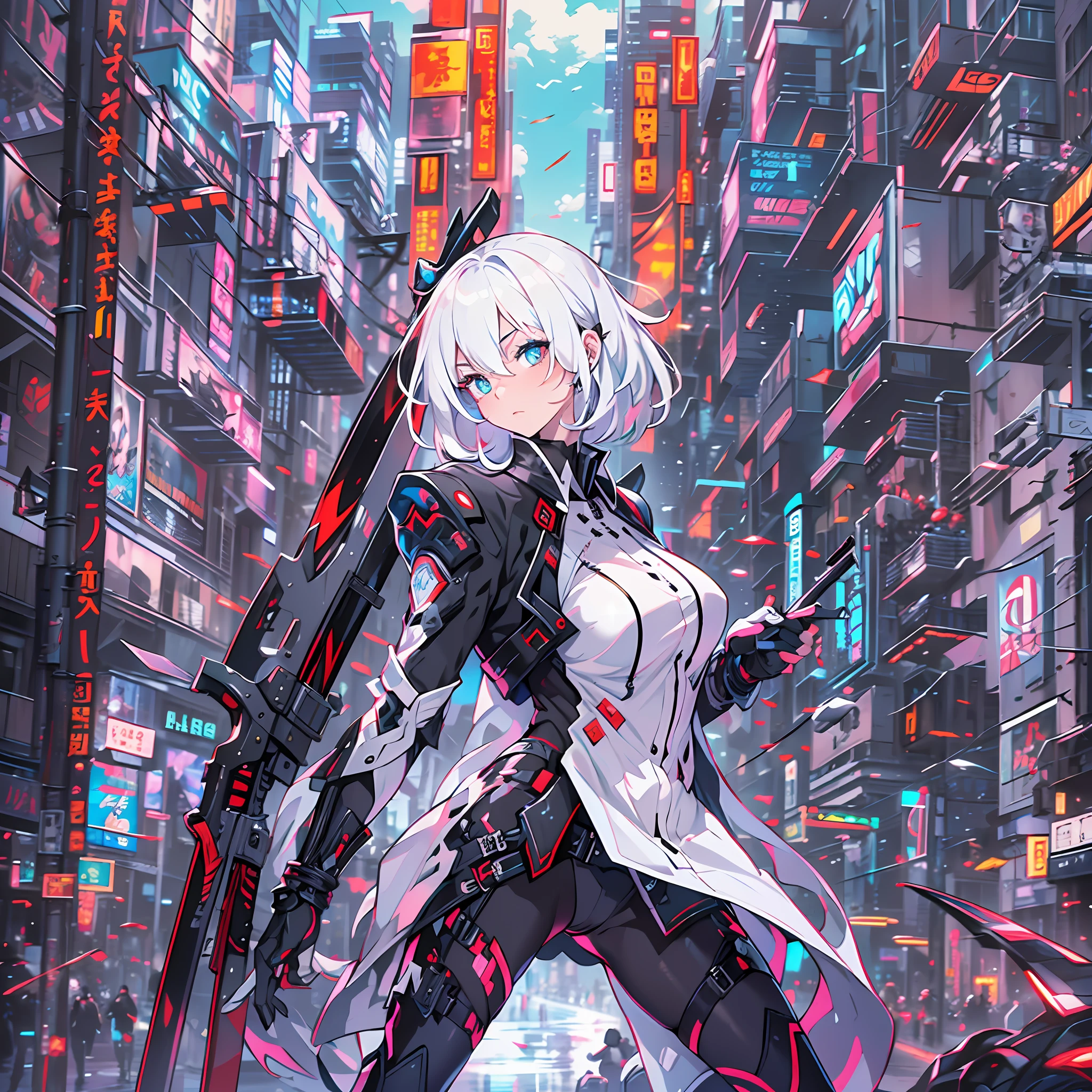 (absurdres, highres, ultra detailed),(Masterpiece, best quality:1.2),1girl, wearing a black suit, futuristic suit,two katanas at the back, heterochromia,blue and red eyes,white hair,aether gazer, surrounded by futuristic buildings