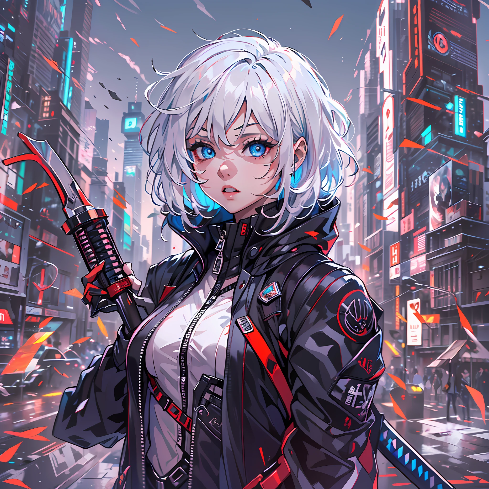 (absurdres, highres, ultra detailed),(Masterpiece, best quality:1.2),1girl, wearing a black suit, futuristic suit,two katanas at the back, heterochromia,blue and red eyes,white hair,aether gazer, surrounded by futuristic buildings