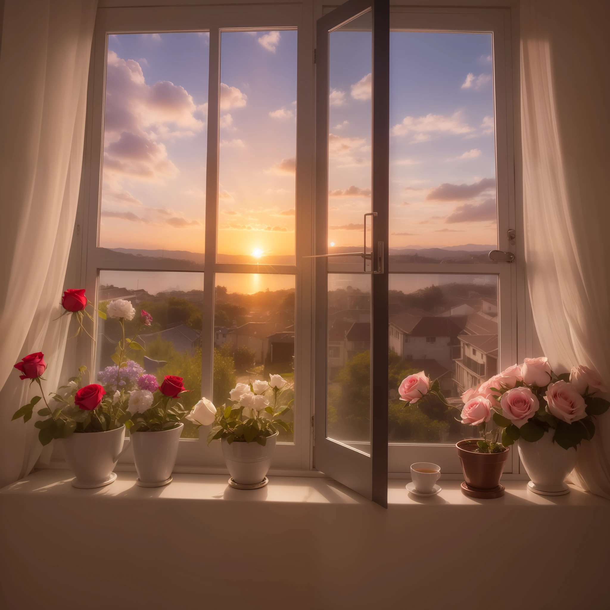 Two roses with petals of different colors lying on the windowsill on a sunset evening. Fotorrealista, hiperdetallado. High quality. Pintura digital