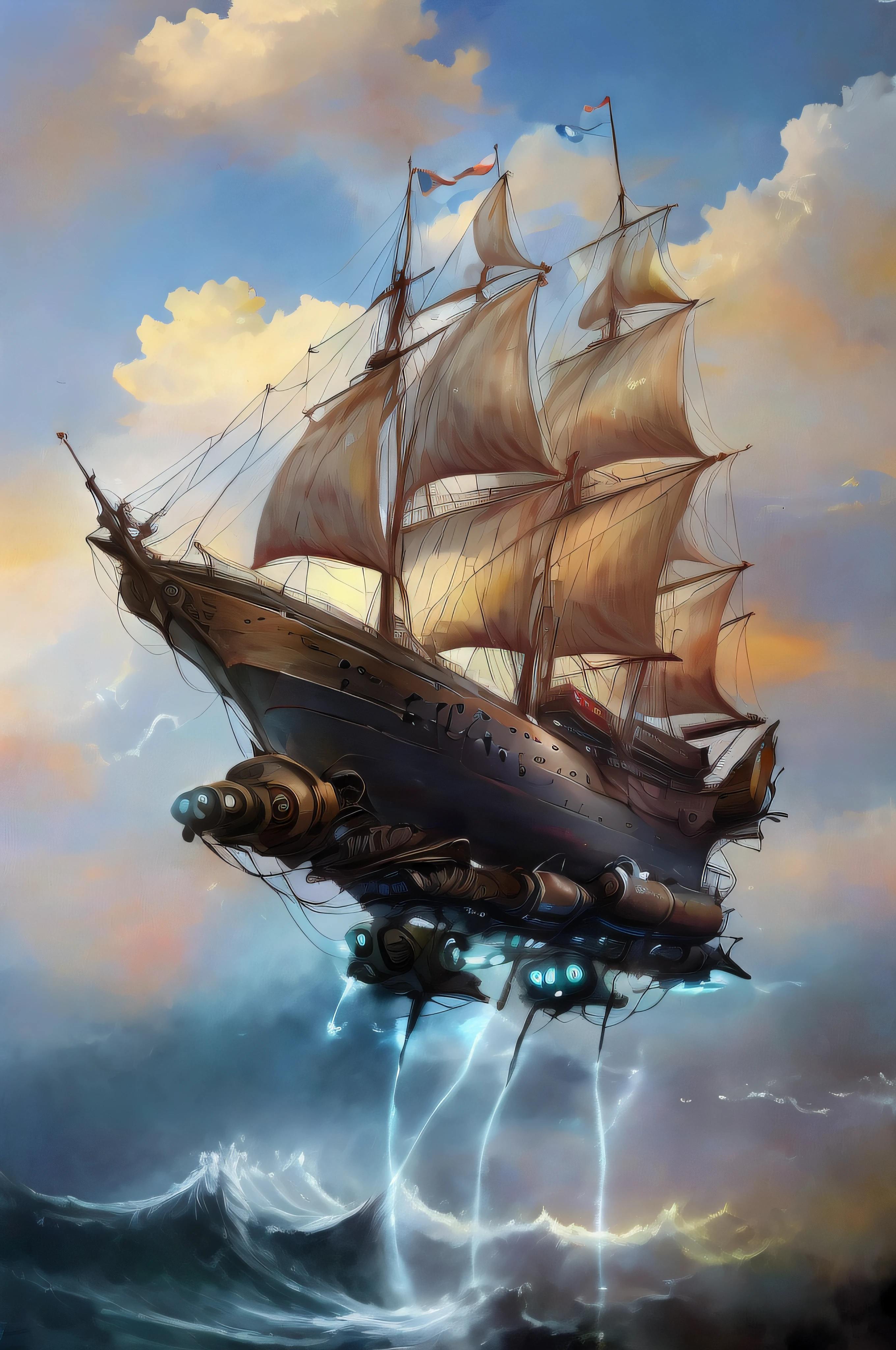Super barco de vela futurista volando entre las nubes rodeado de gaviotas y super tiburones nadando en un mar embravecido con enormes olas amenazantes chocando contra acantilados de islas volcanicas