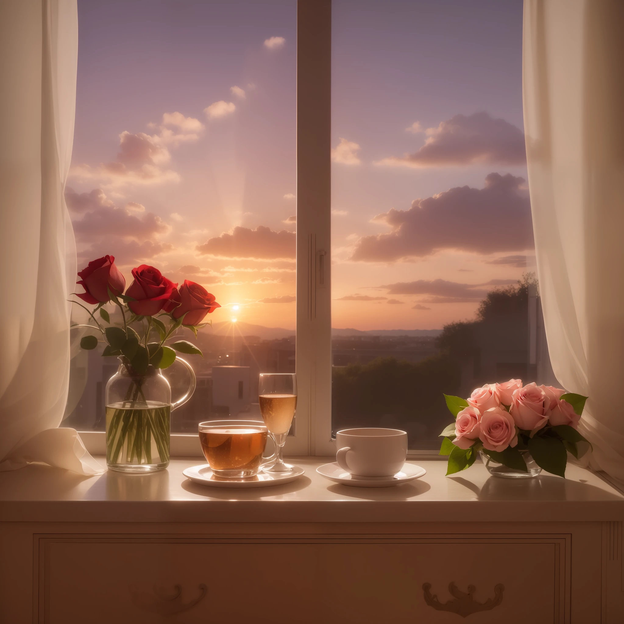 Two roses with petals of different colors lying on the windowsill on a sunset evening. Fotorrealista,  hiperdetallado. High quality. Pintura digital