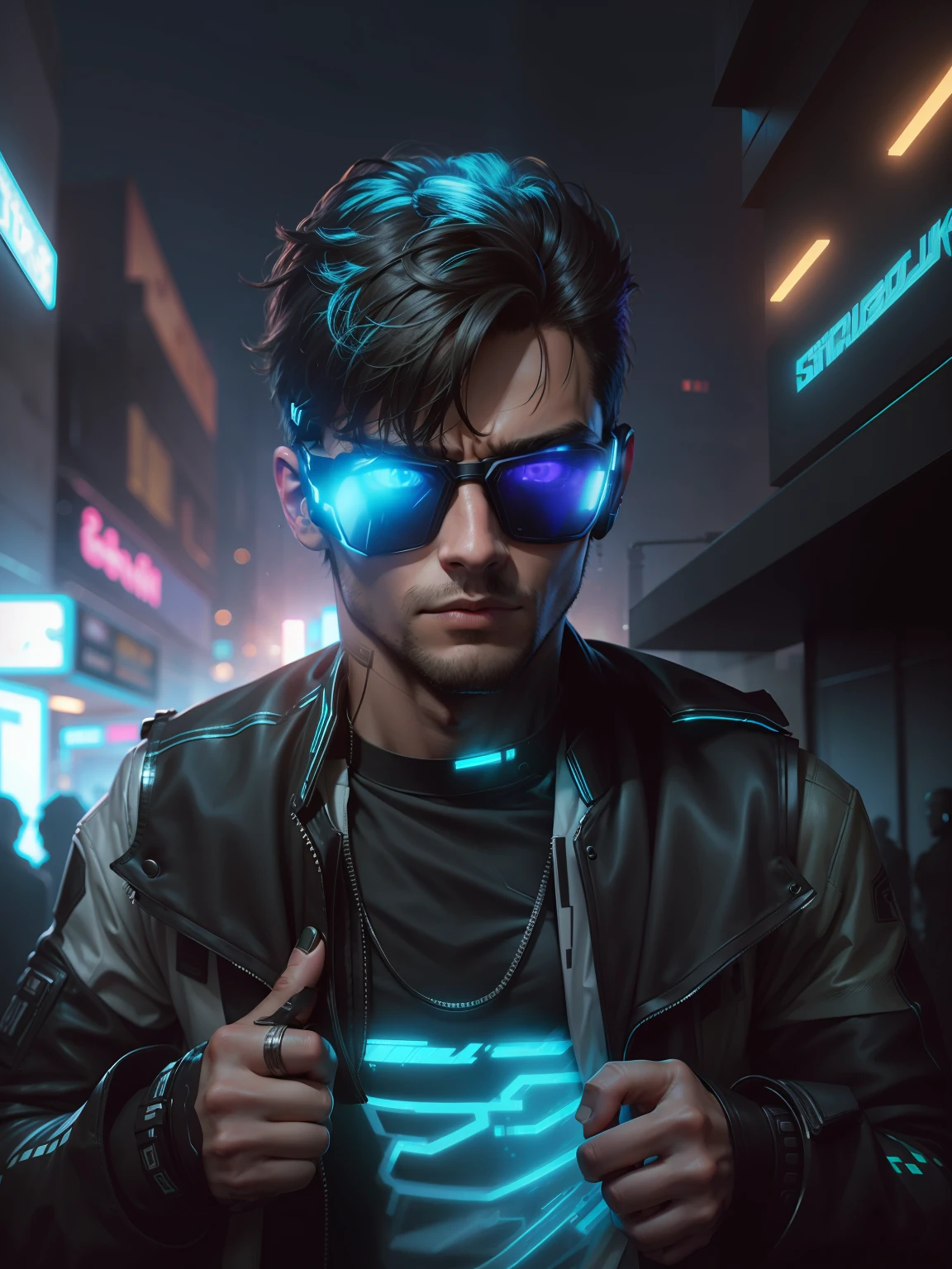 Change the background to cyberpunk ultra realistic and use stylish goggles and modern suit and handsome ultra realistic boy