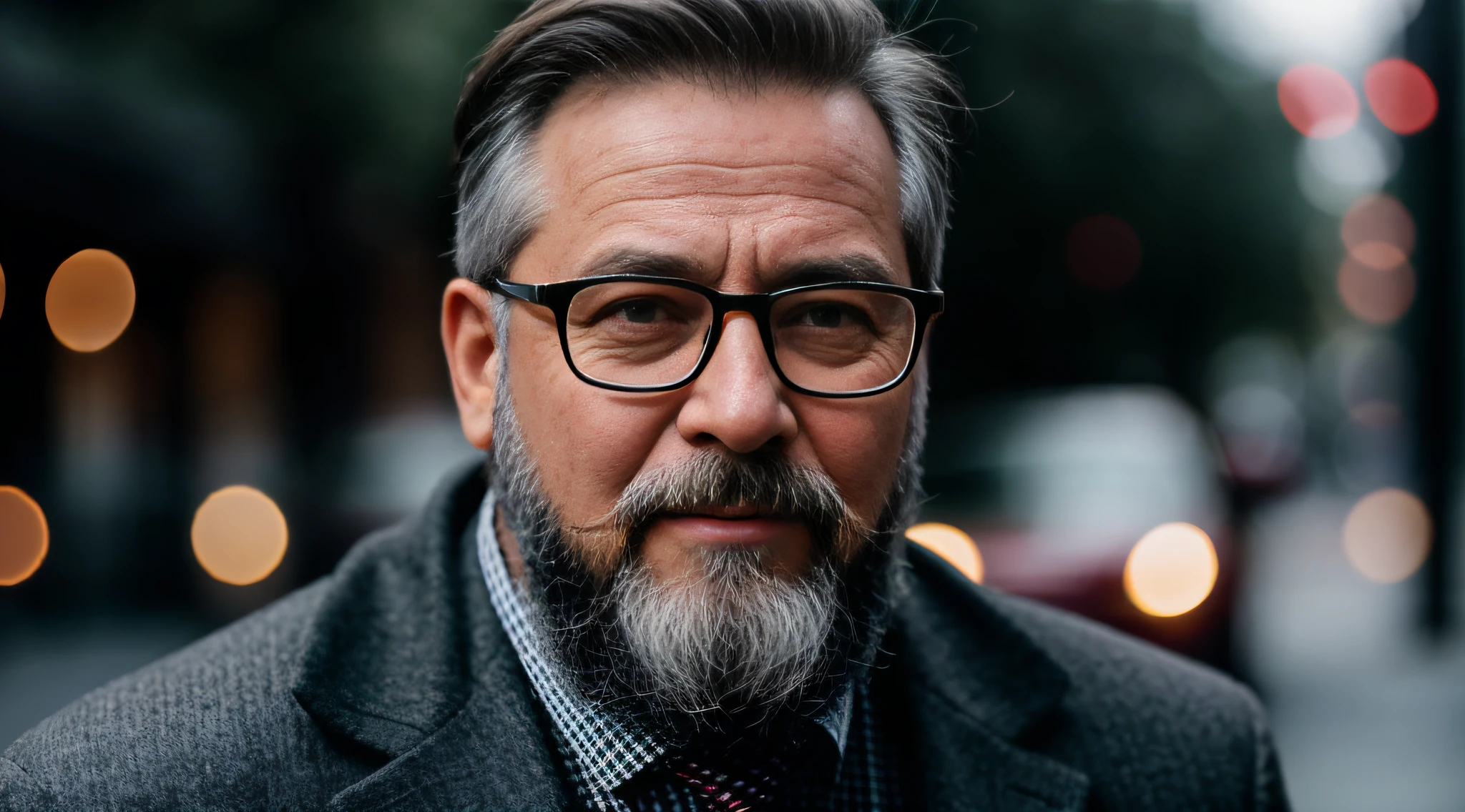 There's a 50-year-old man with glasses, bearded, 8k,