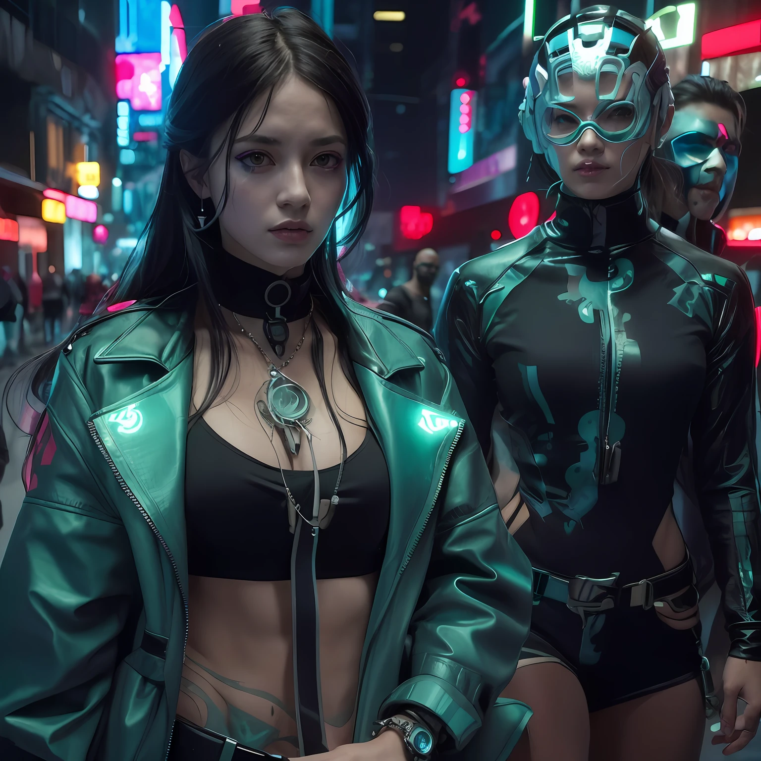 Hay dos mujeres disfrazadas caminando por la calle, cyberpunk 2 0 y. o Chica modelo, Arte cyberpunk ultrarrealista 8K, tiene estilo cyberpunk, Estilo cyberpunk silenciado, En Cyber Punk 2077, Cyberpunk hermosa chica, Anime cyberpunk moderno, Mecanoide cyberpunk de moda, Ross Tran 8 K, Estilo cyberpunk hiperrealista, 8 k movie still, Trajes cyberpunk