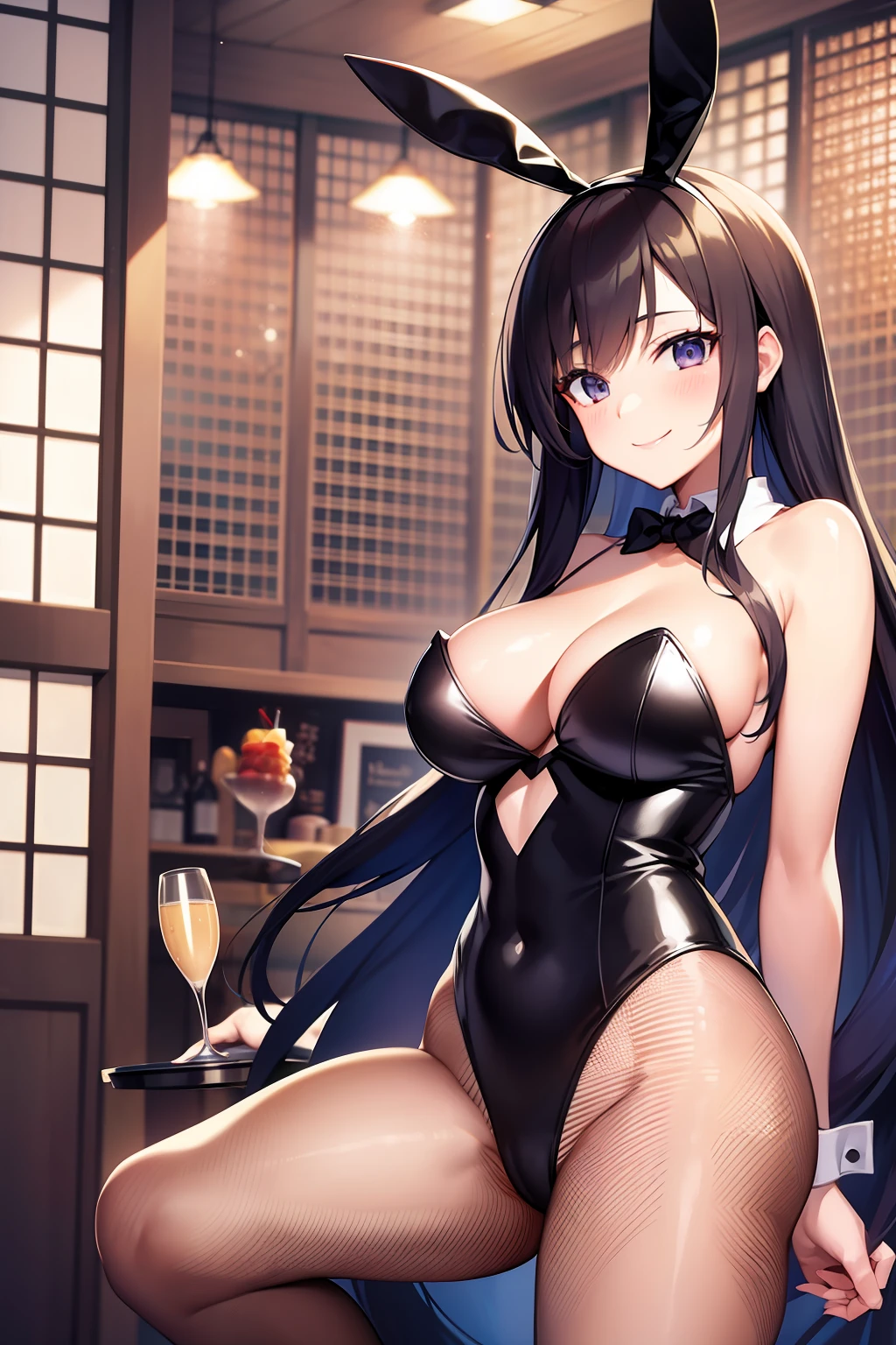 masterpiece, absurdres, 1girl, hinata\(shippuden\), solo, playboy bunny, smile, happy, indoors, fishnet legwear, tray,serving,champagne, restaurant,