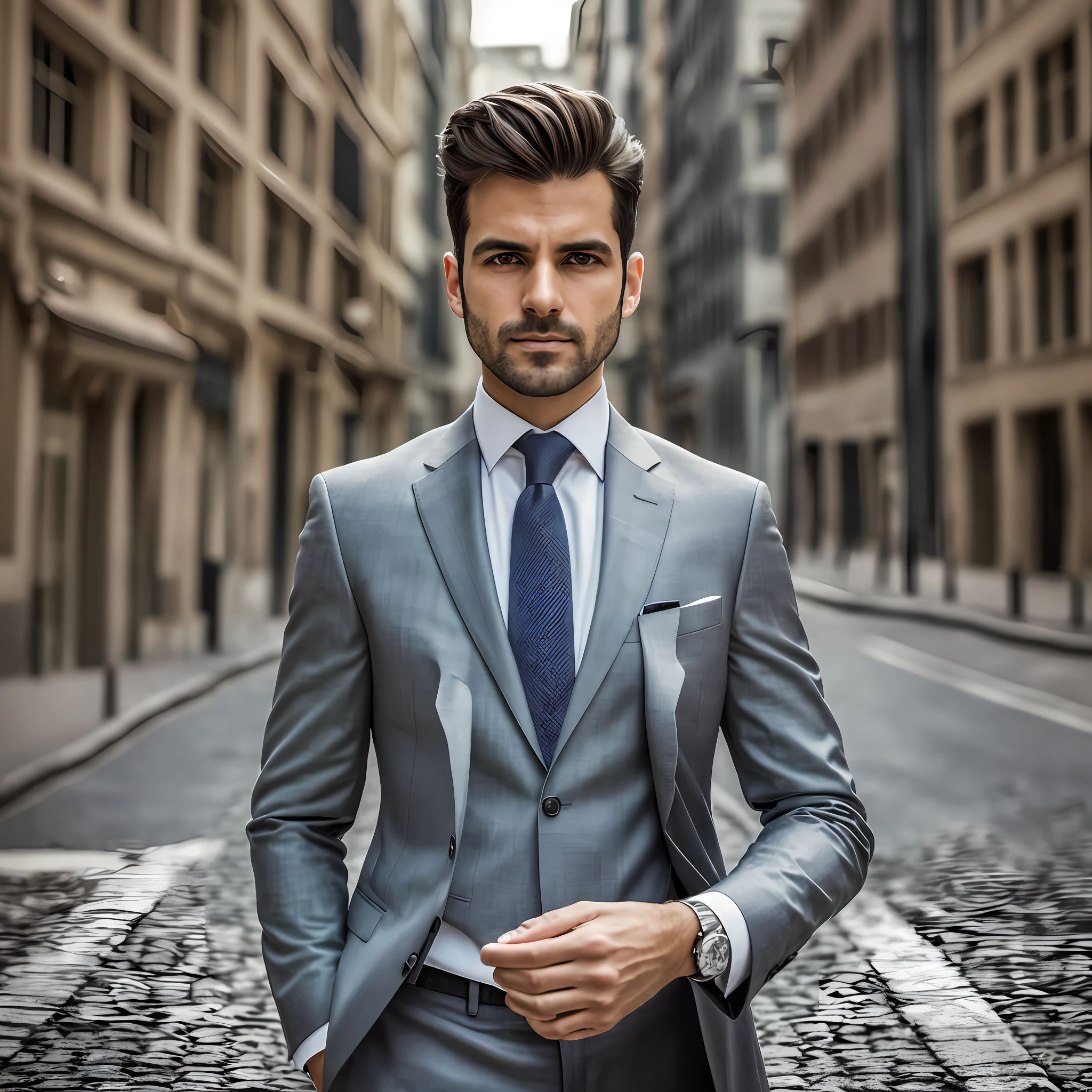 A businessman standing with 30 years of suit and tie, carismatic, Body and head pointing to the left in the photo, frente al espectador de la foto, aparece hombros y cabeza en la foto, 8k, mejor calidad, obra maestra, realista, foto realista, movie photo, ultra realista, 1 persona, detallada, perfect ilumination, DSRL, foto profesional, 4k