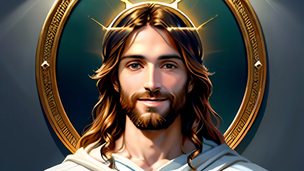 A painting of Jesus with a halo in heaven, Jesus Christ, Smiling in heaven, Portrait of Jesus Christ, Face of Jesus, Young God Almighty, Portrait of a Heavenly God, Greg Olsen, Jesus Gigachad, Jesus of Nazareth, Jesus, The face of God, God looking at me