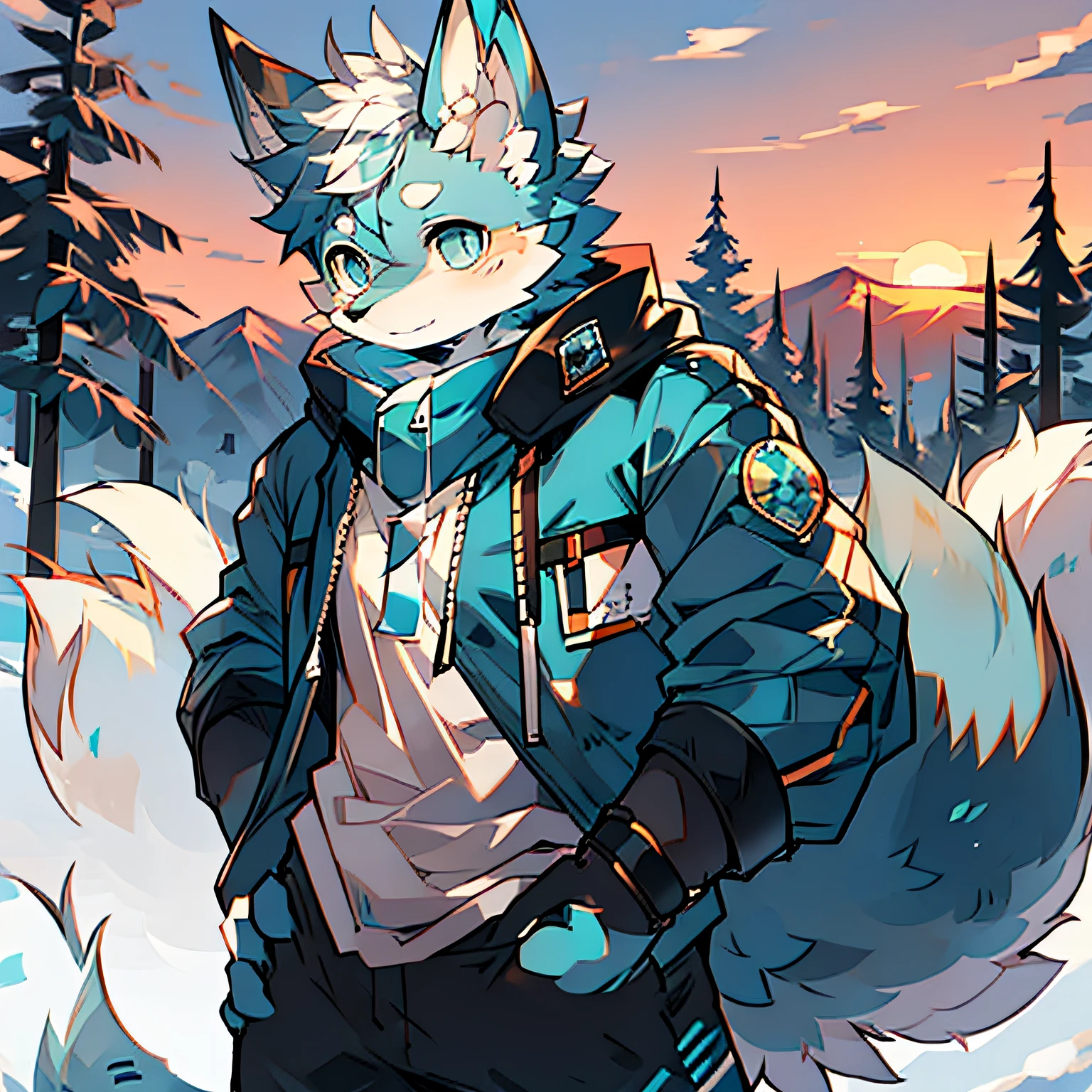 furry male blue white pattern blue pupil wolf bright pupil big tail standing wearing blue cotton jacket snow mountain sunset