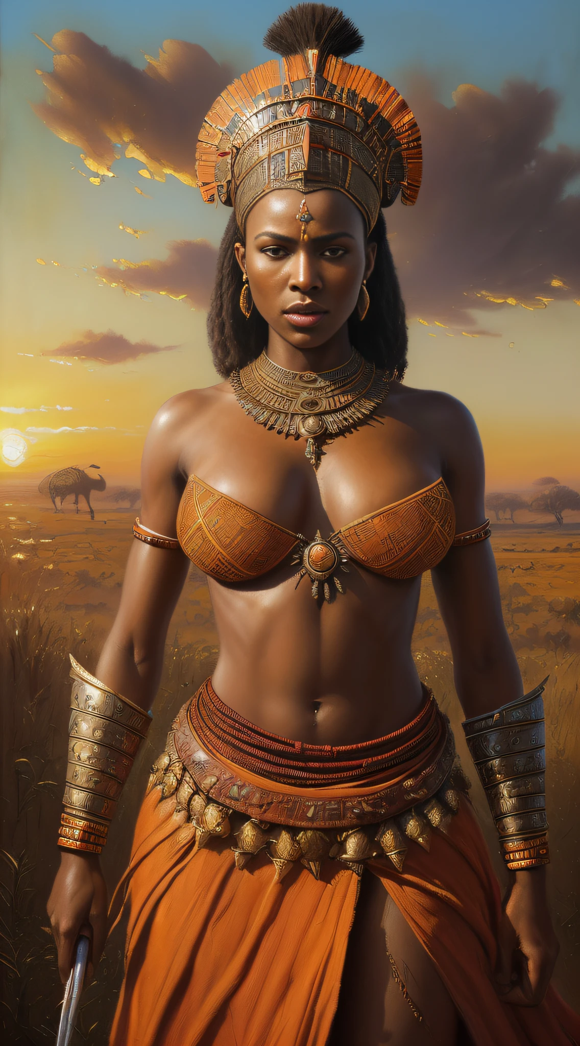 (masterpiece, UHD, oil painting, realistic, Greg Rutkowski style:1.3), Queen Nzinga, (17th-century African warrior attire:1.2), adorned with tribal jewelry, fierce expression, wielding a spear, African savannah background, setting sun, (warm hues of orange and red:1.2), detailed textures, rich colors, imposing presence, full body view, looking at viewer.
