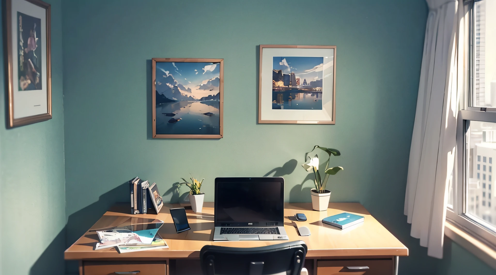 gentle, anime background art, clean lines, intricate details, serene, empty, high quality, raytracing video game, room, neat, organized, clean, bare, empty, single 90s computer on desk, view from window, office chair, calm, cozy, vintage feel, simple, soft textures, interior wallpaper, blurry foreground