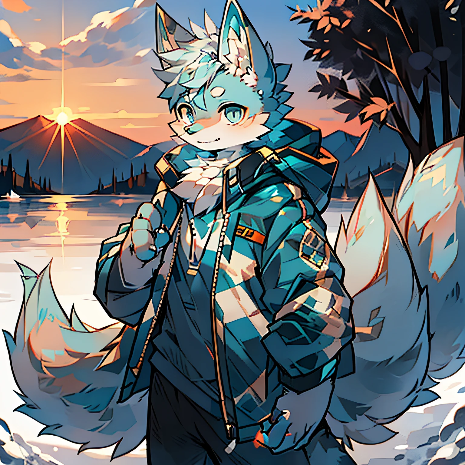 furry male blue white pattern blue pupil wolf bright pupil big tail standing wearing blue cotton jacket snow mountain sunset