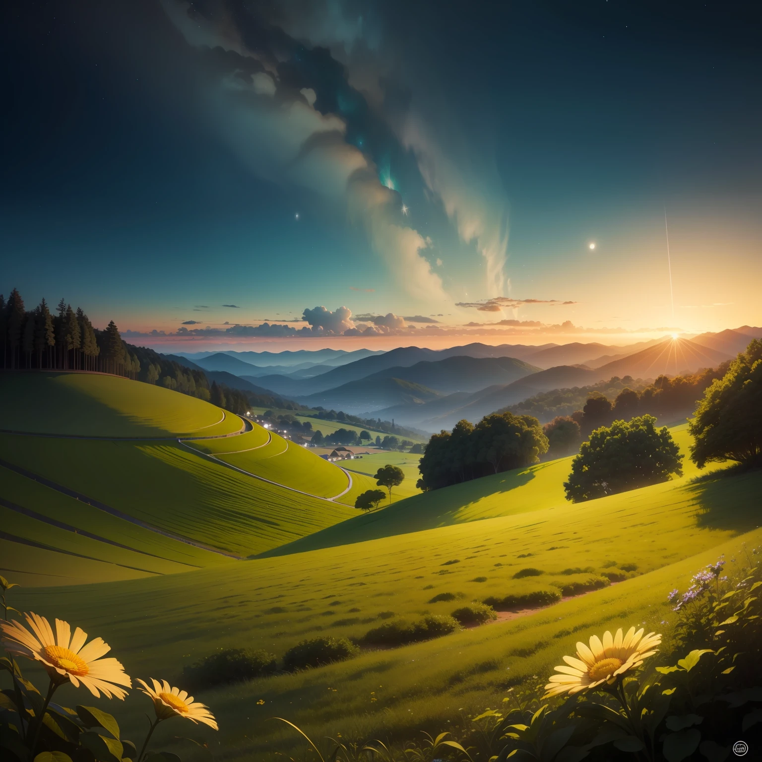 Imagens de natureza serena, como um nascer do sol, a starry sky or a green field, can evoke tranquility and spiritual connection